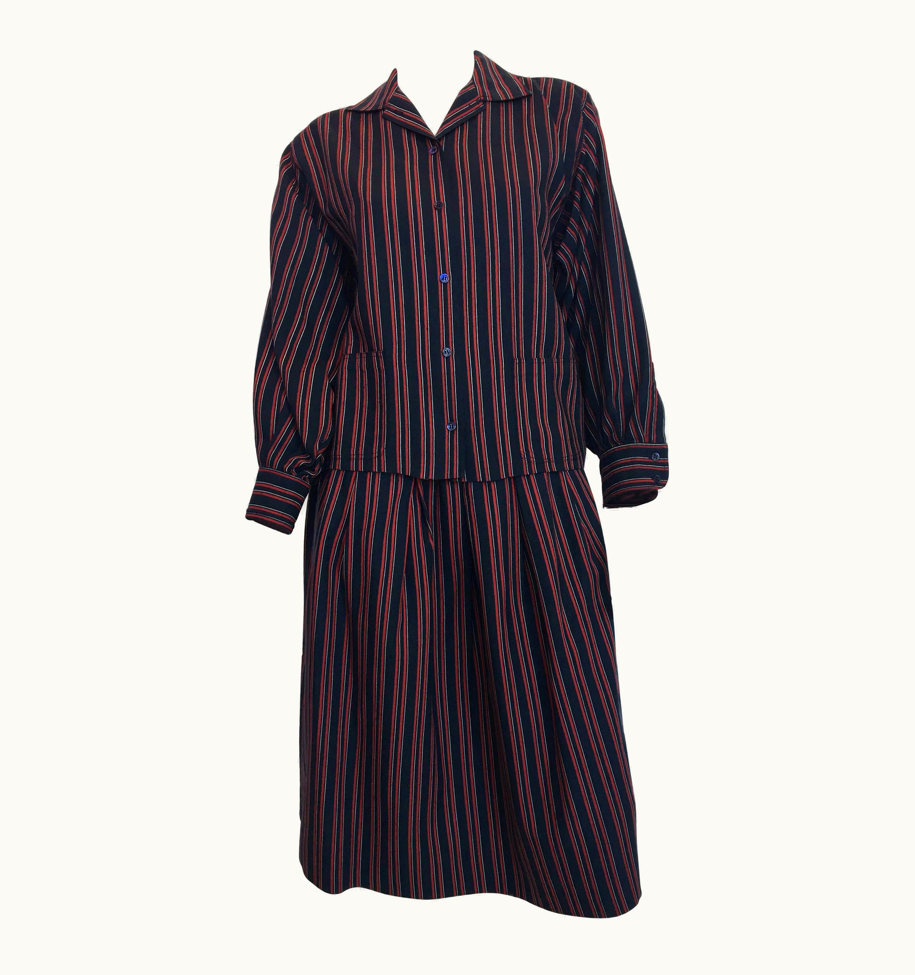 Saint Laurent 1970s Saint Laurent Blue & Red Striped Wool 2 Piece Skirt Set