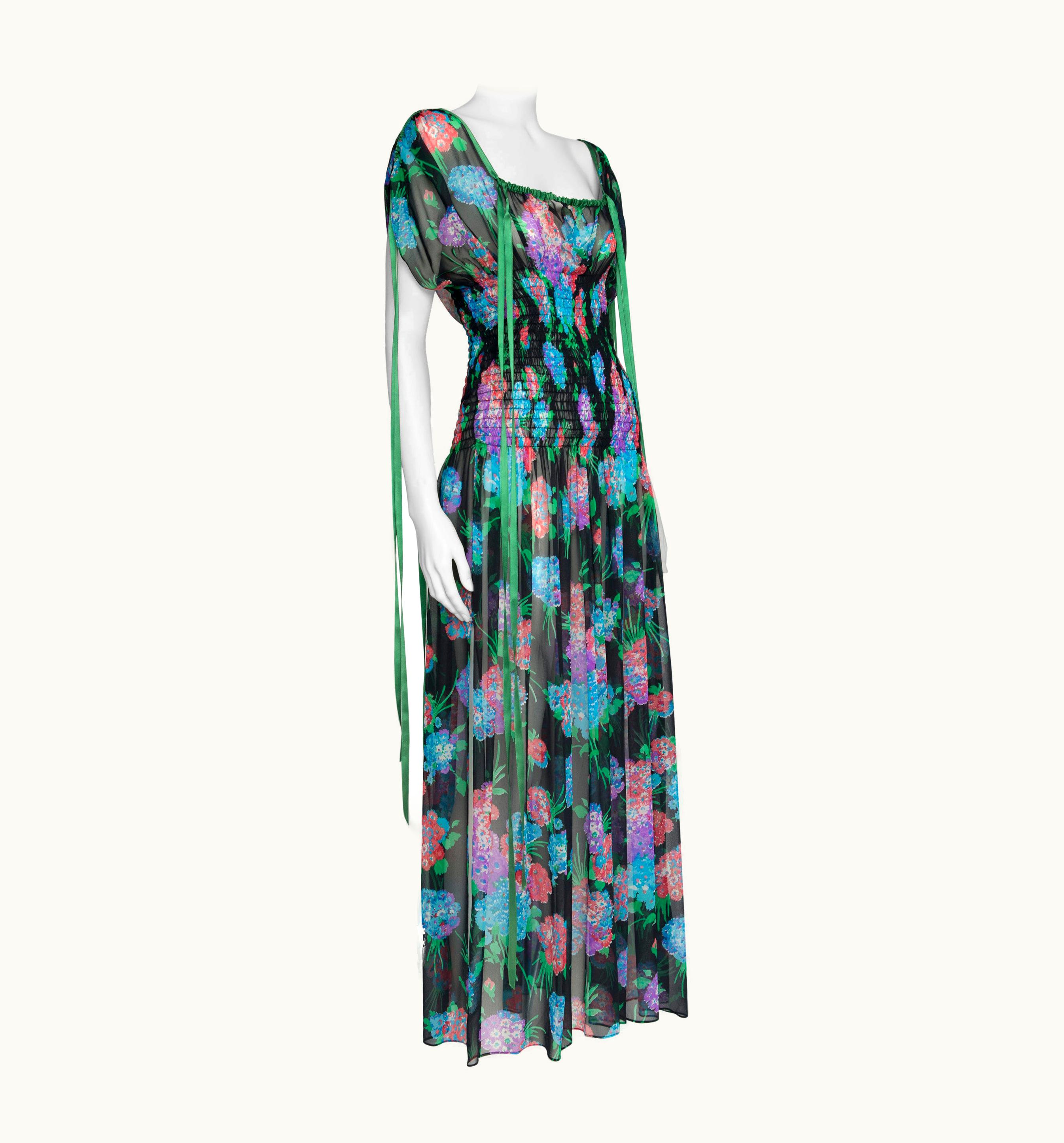Saint Laurent Yves Saint Laurent Smocked Floral-Print Silk-Chiffon Maxi Dress
