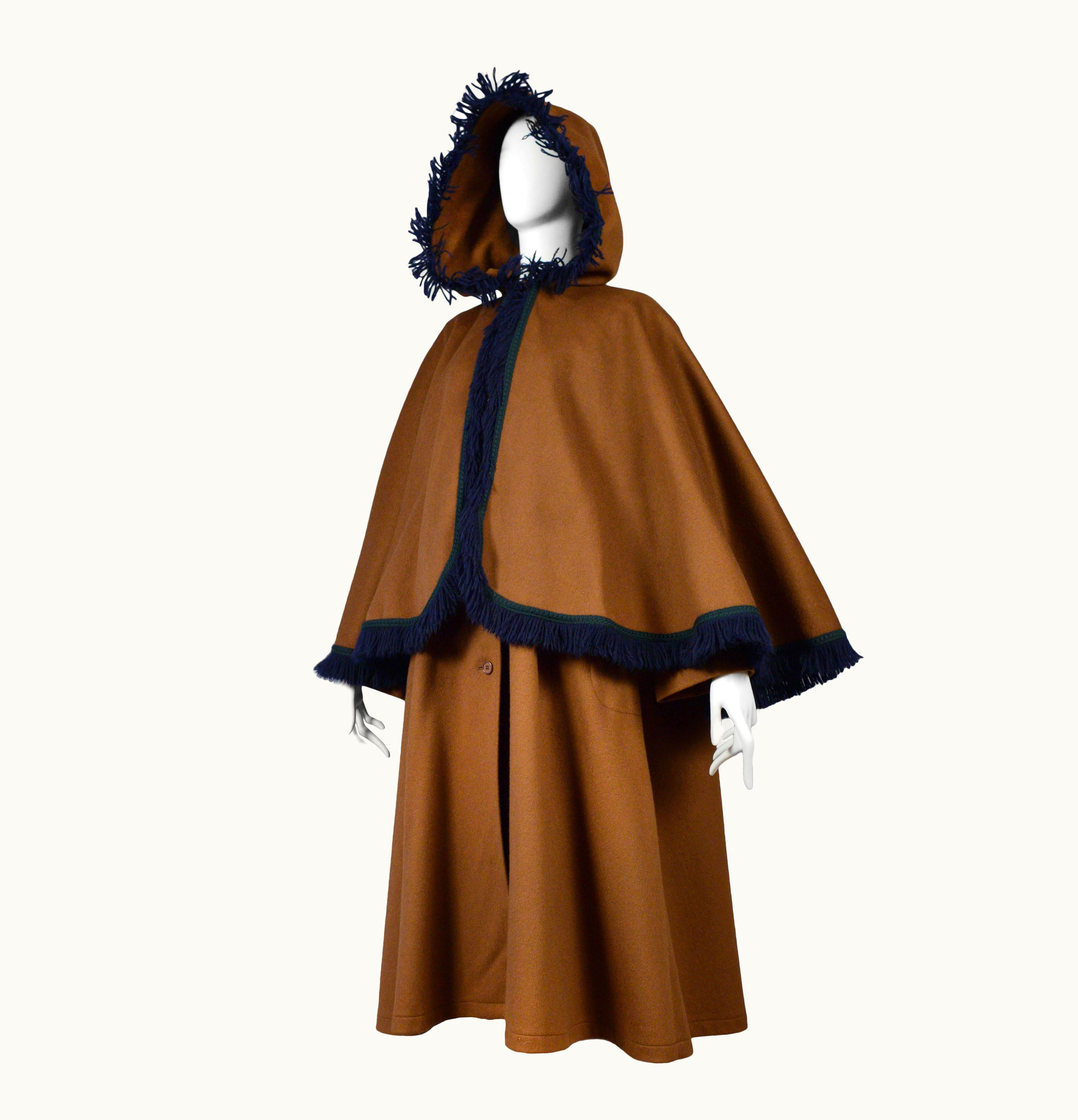 Saint Laurent Yves Saint Laurent YSL Caramel Brown Wool Cape Coat With Hood And Fringe