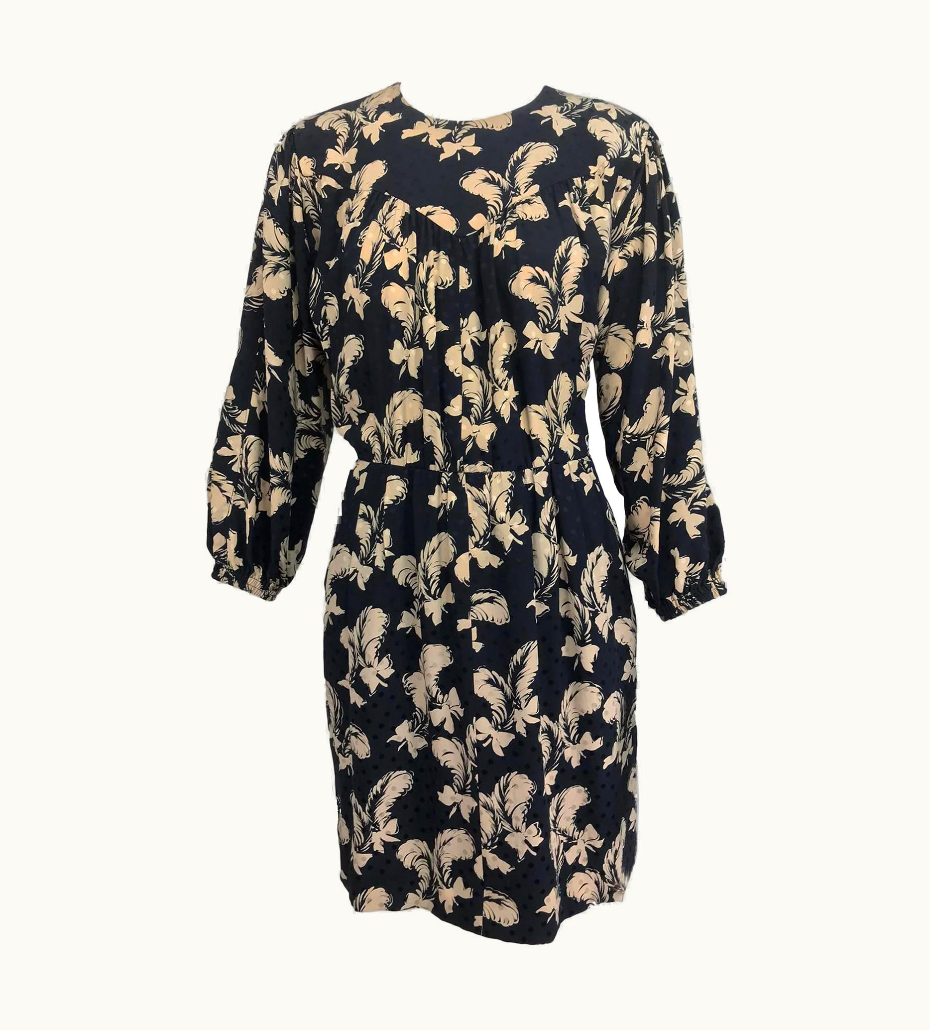 Saint Laurent Vintage Yves Saint Laurent Black And Cream Plume Print Silk Dress 1970s