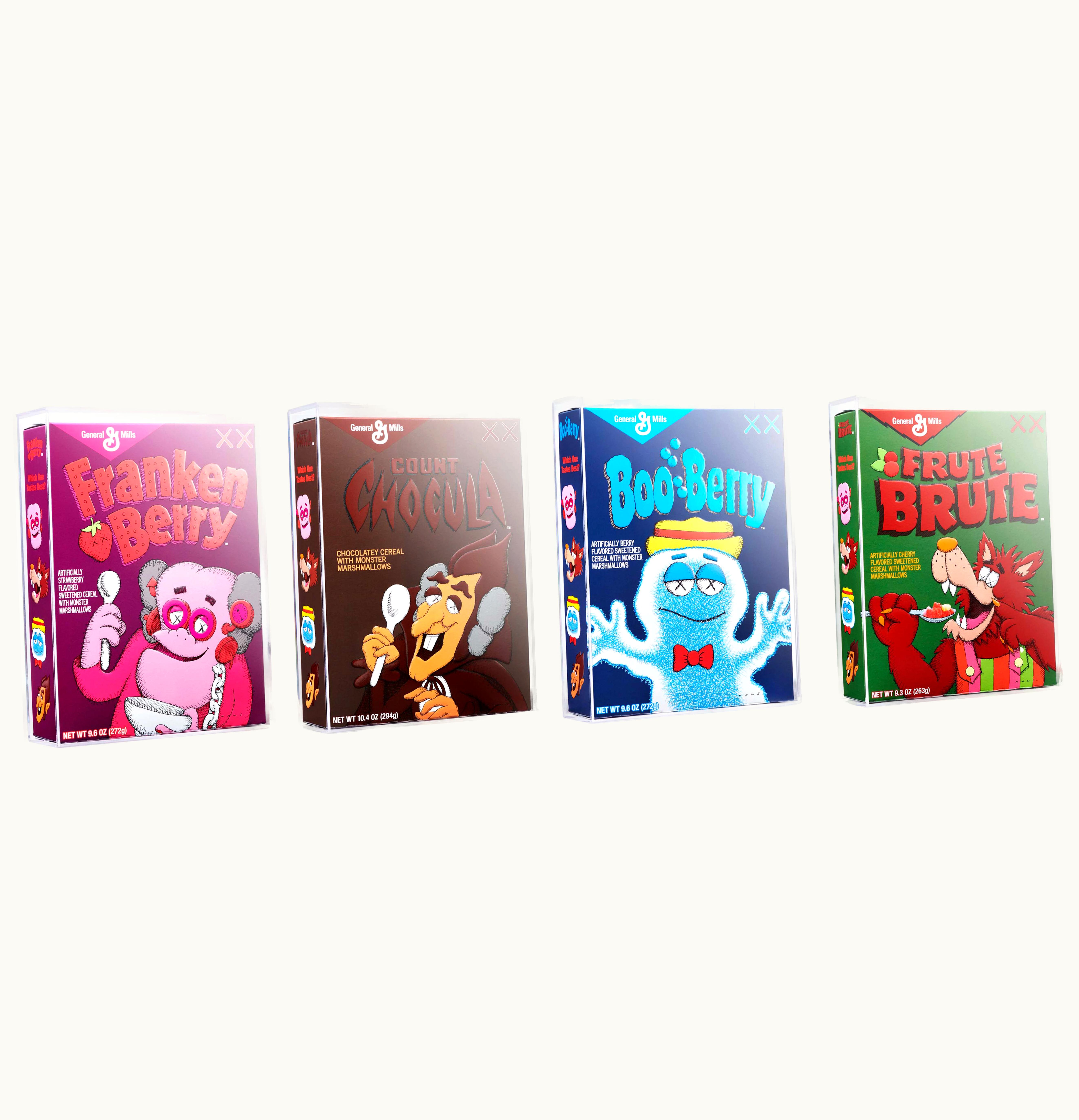 KAWS KAWS Monsters Franken Berry Count Chocula Boo Berry Frute Brute Cereal Limited Edition in Acrylic Case 4x Lot Not Fit For Human Consumption