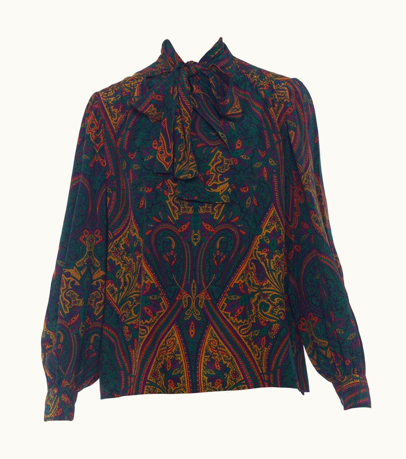 Saint Laurent 1970s Yves Saint Laurent Silk YSL Paisley Bow Neck Blouse