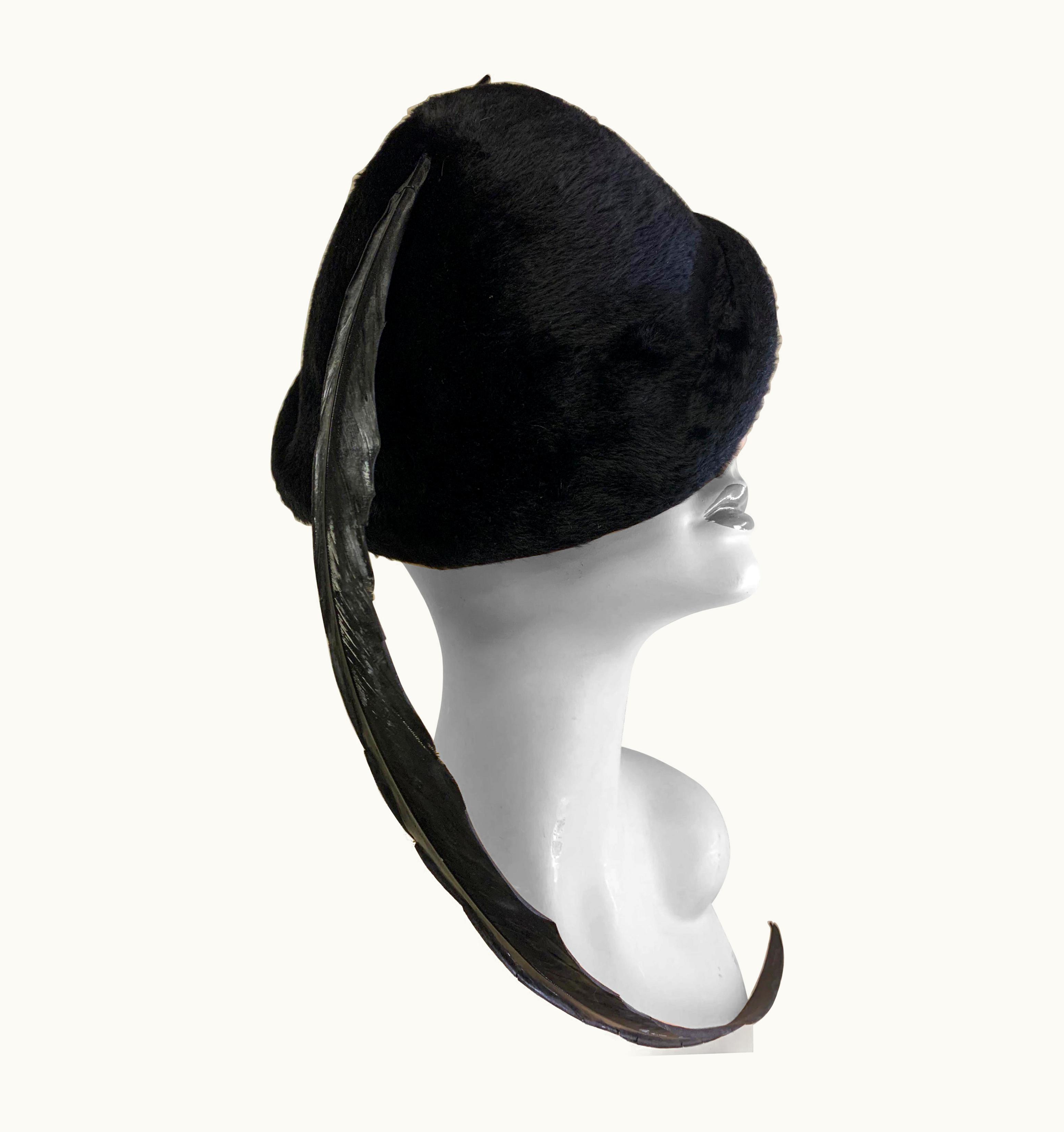 Saint Laurent 1970 Yves Saint Laurent Black Fur Felt Molded Hat WS/S Long Lacquered Feather