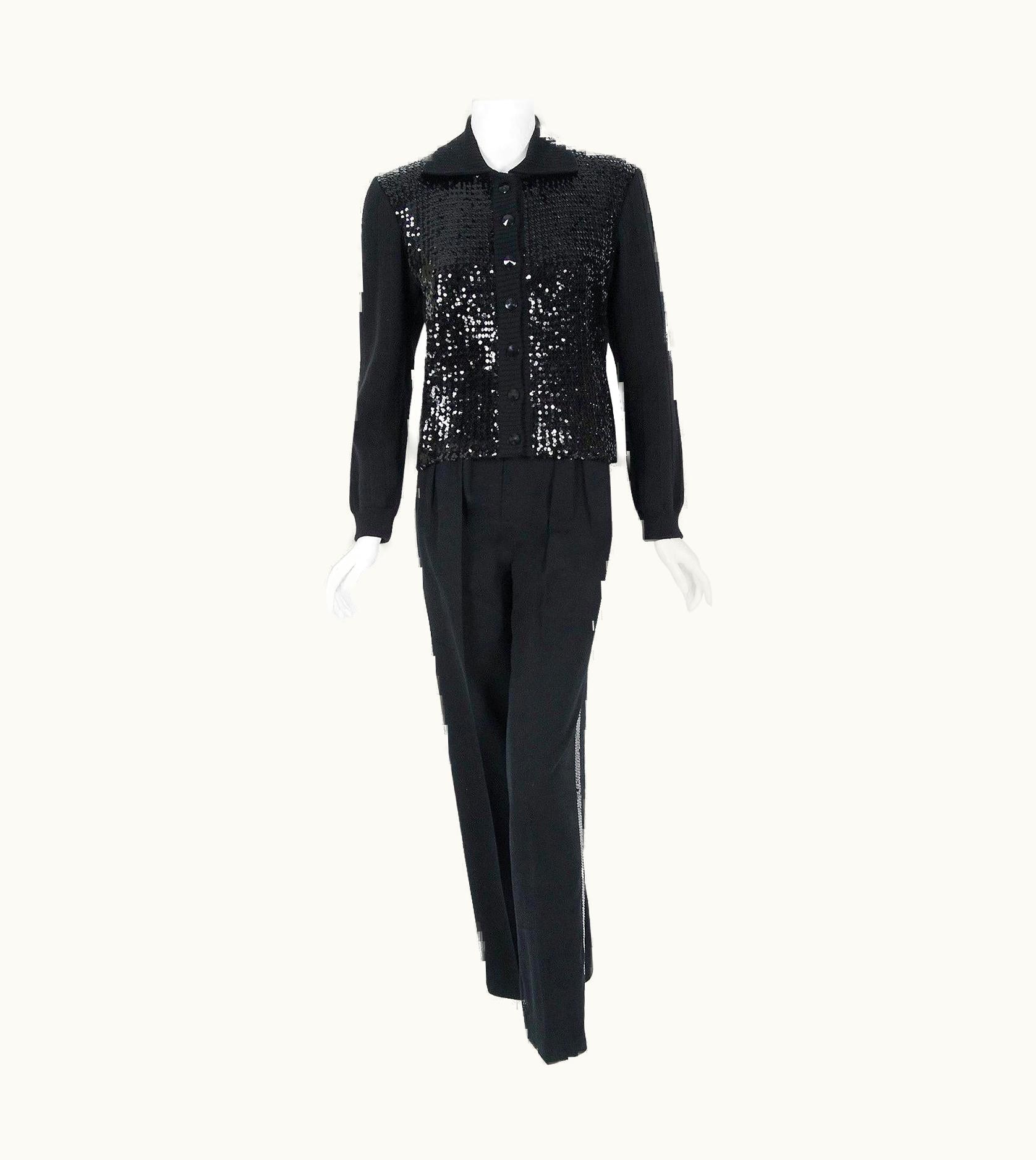 Saint Laurent Vintage 1974 Yves Saint Laurent Sequin Black Wool Sweater Le Smoking Pants Suit