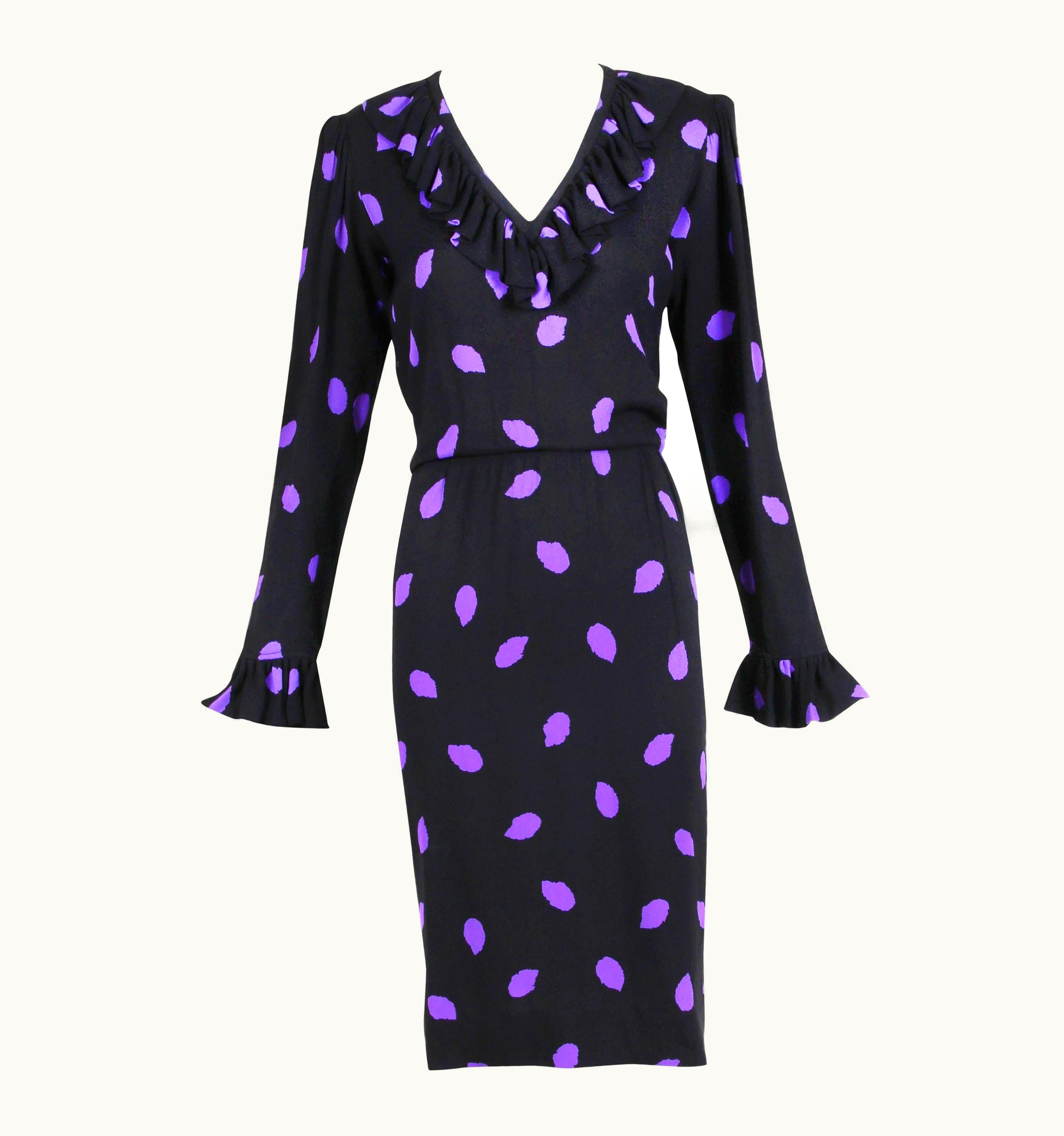 Saint Laurent Yves Saint Laurent Black & Purple Abstract Print Day Dress w/Ruffled Trim
