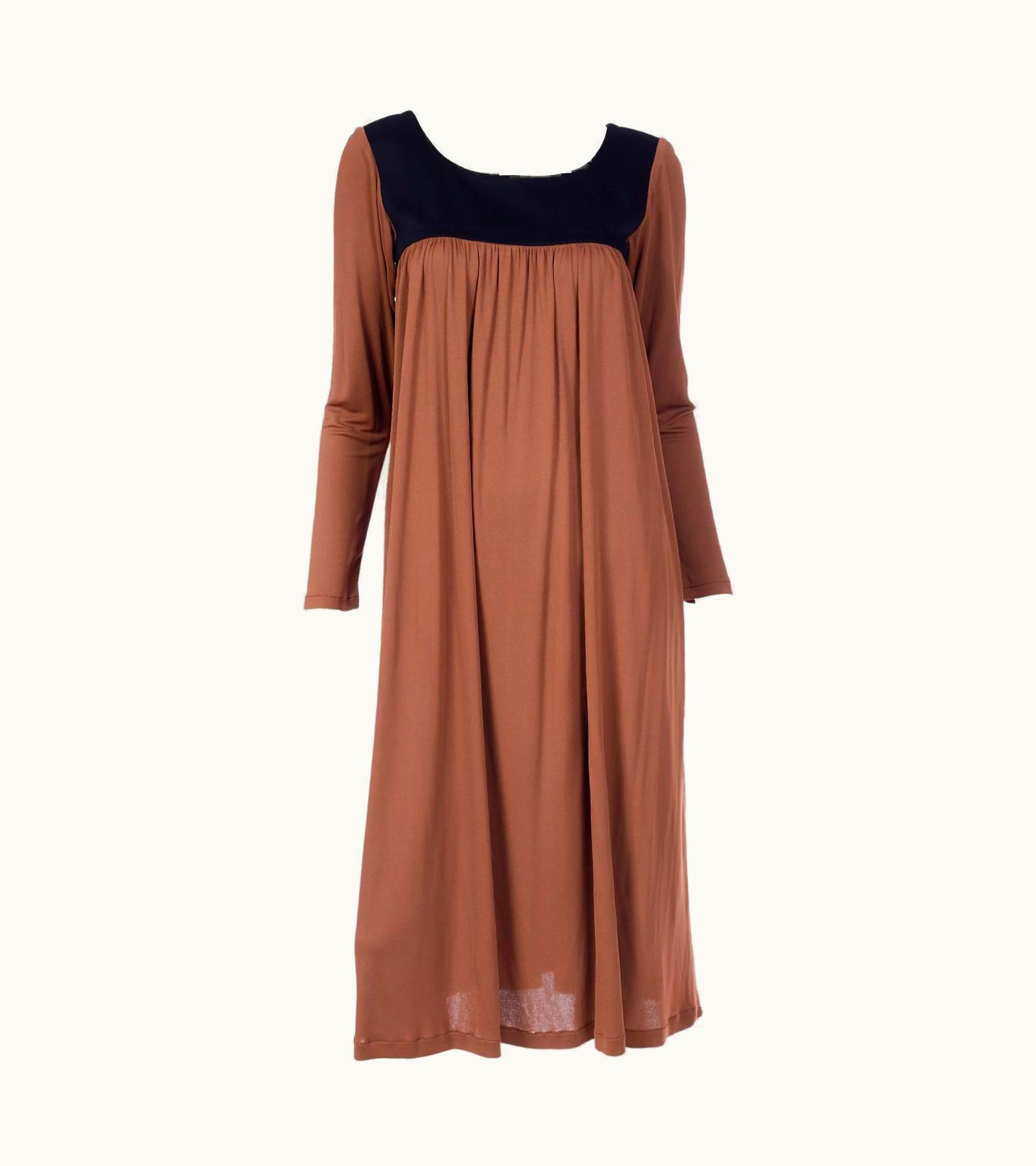 Saint Laurent Vintage Yves Saint Laurent Brown Jersey Peasant Style YSL Dress With Black Yoke
