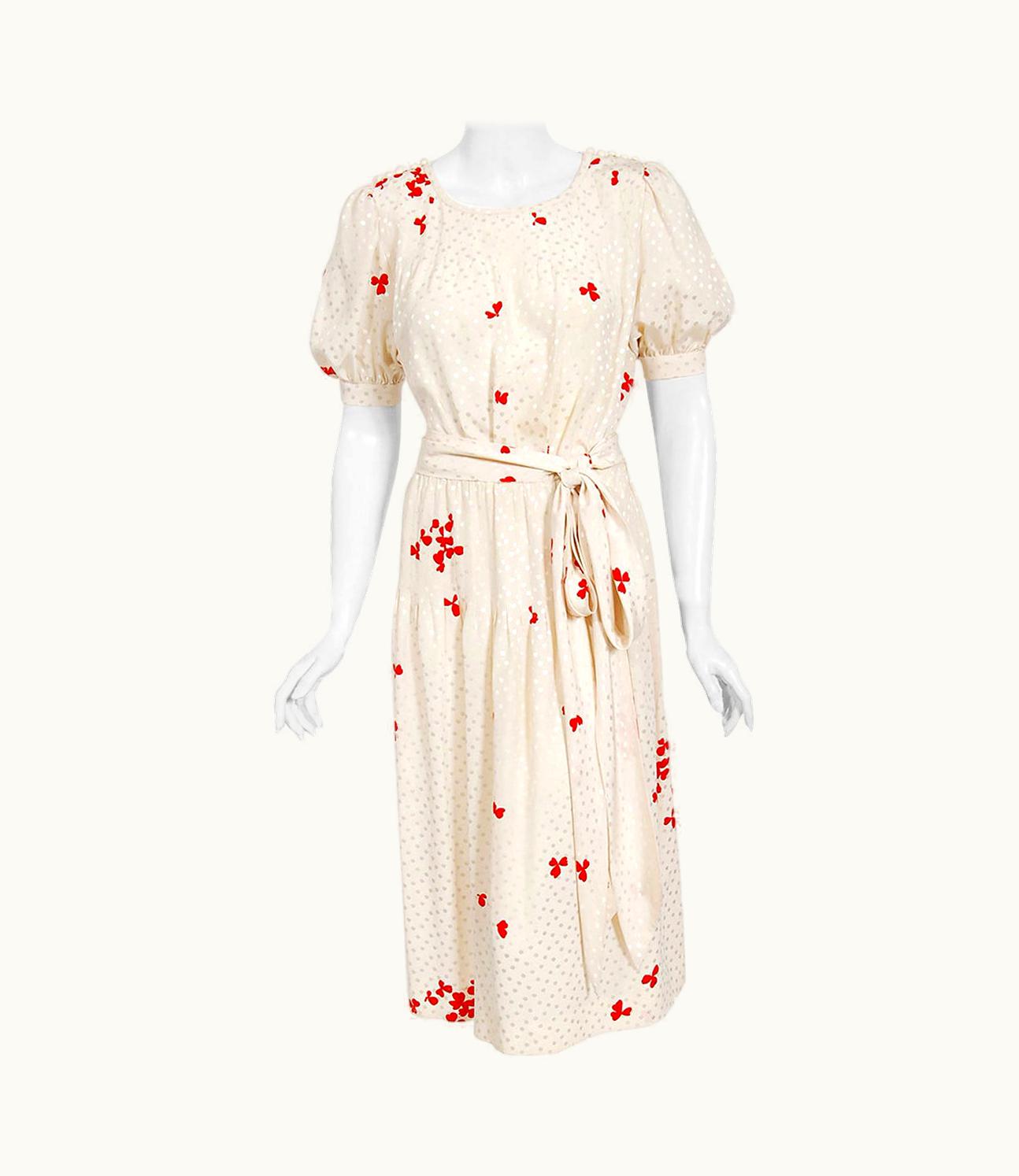 Saint Laurent Vintage 1978 Yves Saint Laurent Haute Couture Ivory Red Print Silk Dress & Shawl