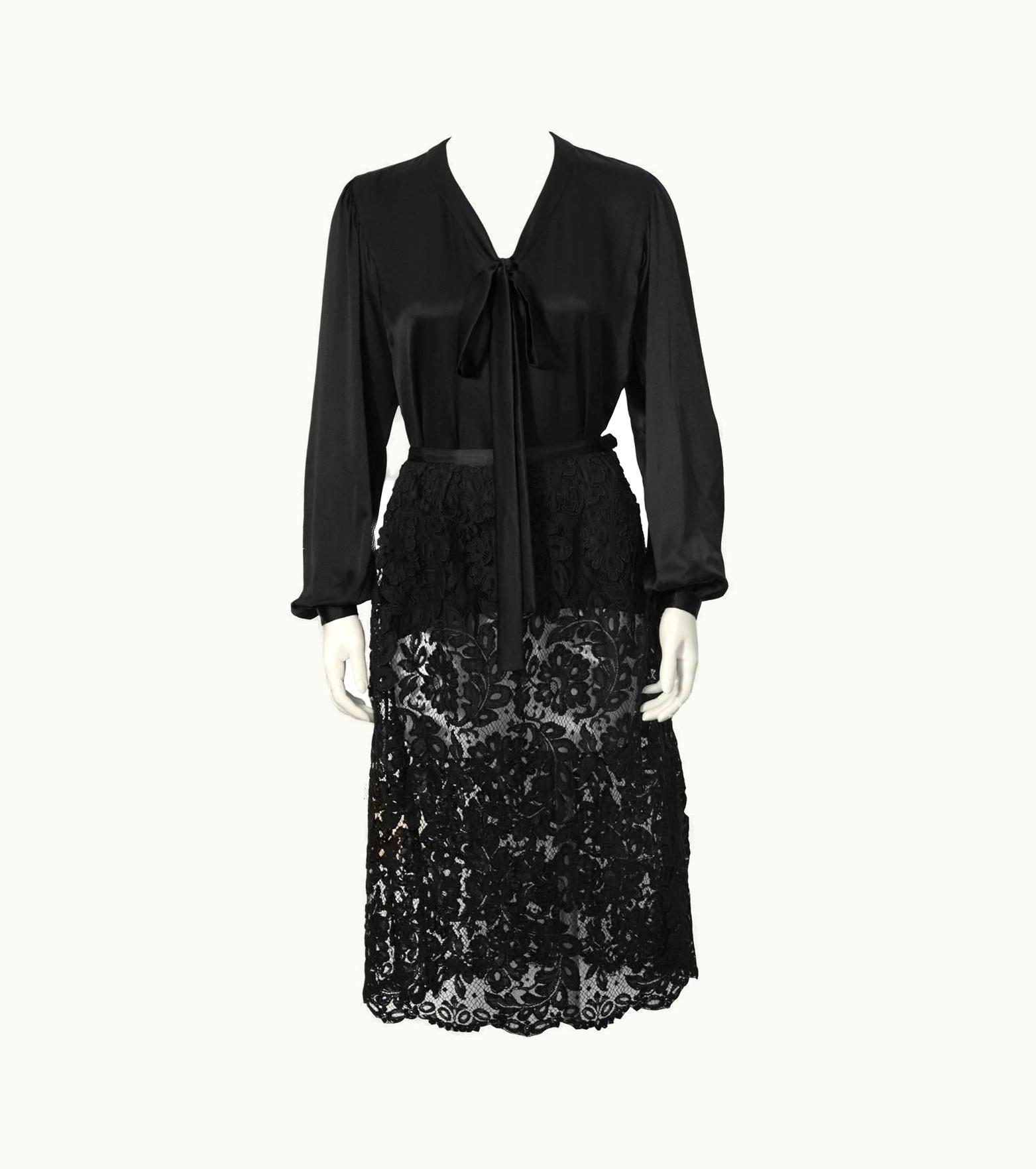 Saint Laurent 1970' Yves Saint Laurent YSL Black Satin Tie Top And Lace Skirt