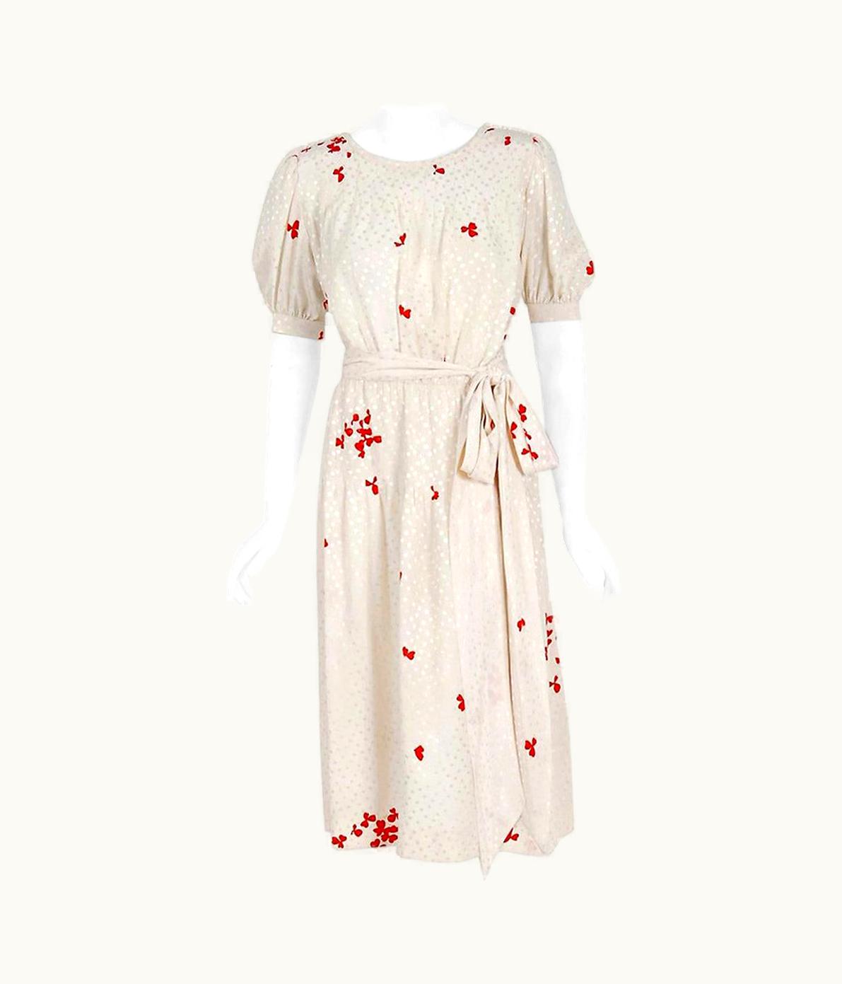 Saint Laurent Vintage 1978 Yves Saint Laurent YSL Haute Couture Ivory Print Silk Dress & Shawl