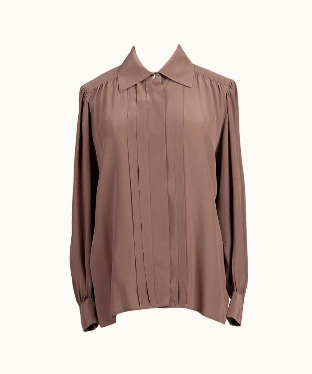 Saint Laurent 1970s YSL Yves Saint Laurent Taupe Silk Top Pleated Front & Back