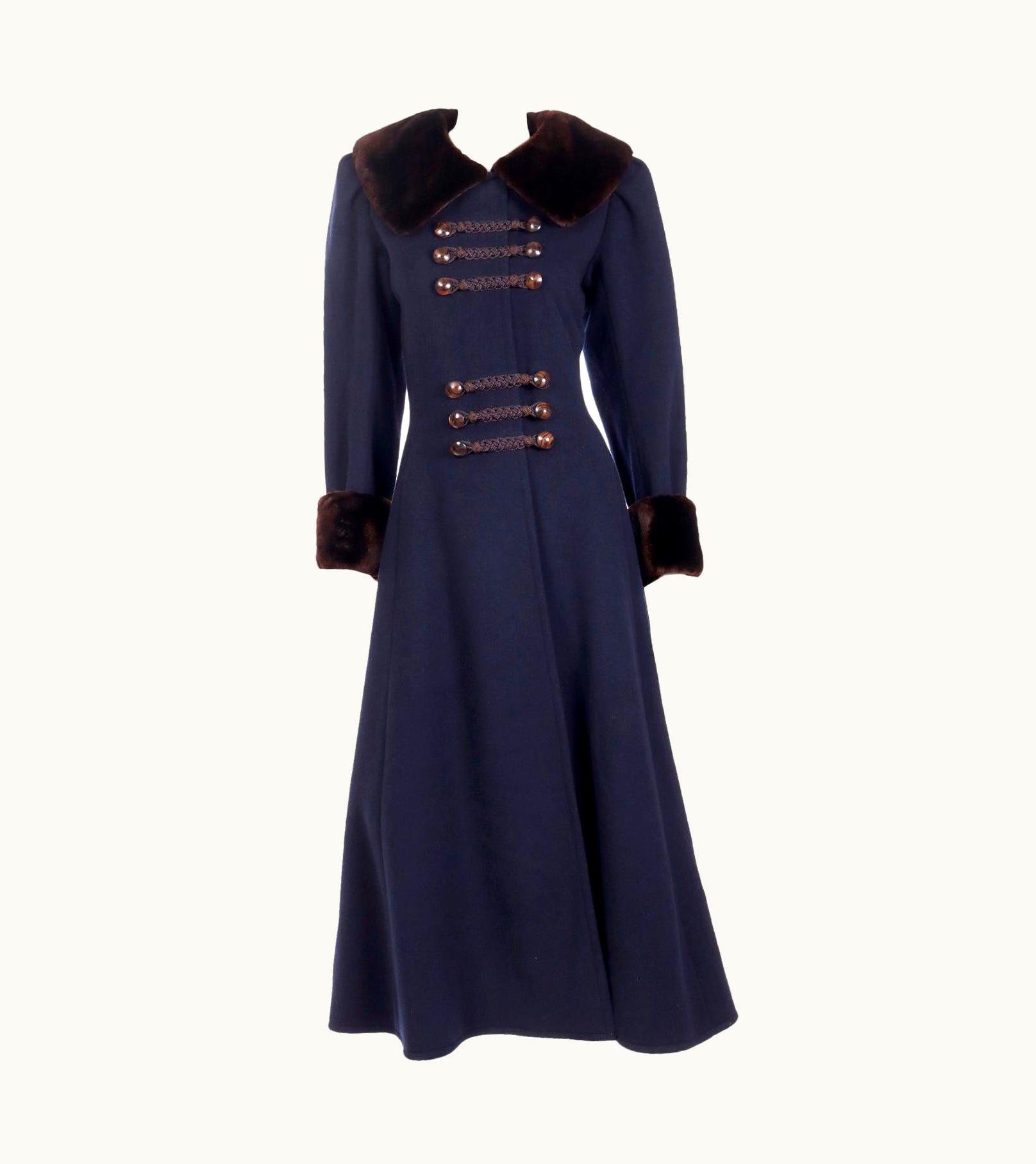 Saint Laurent Yves Saint Laurent Haute Couture 1976 Navy Blue Wool Coat W Sheared Mink Trim