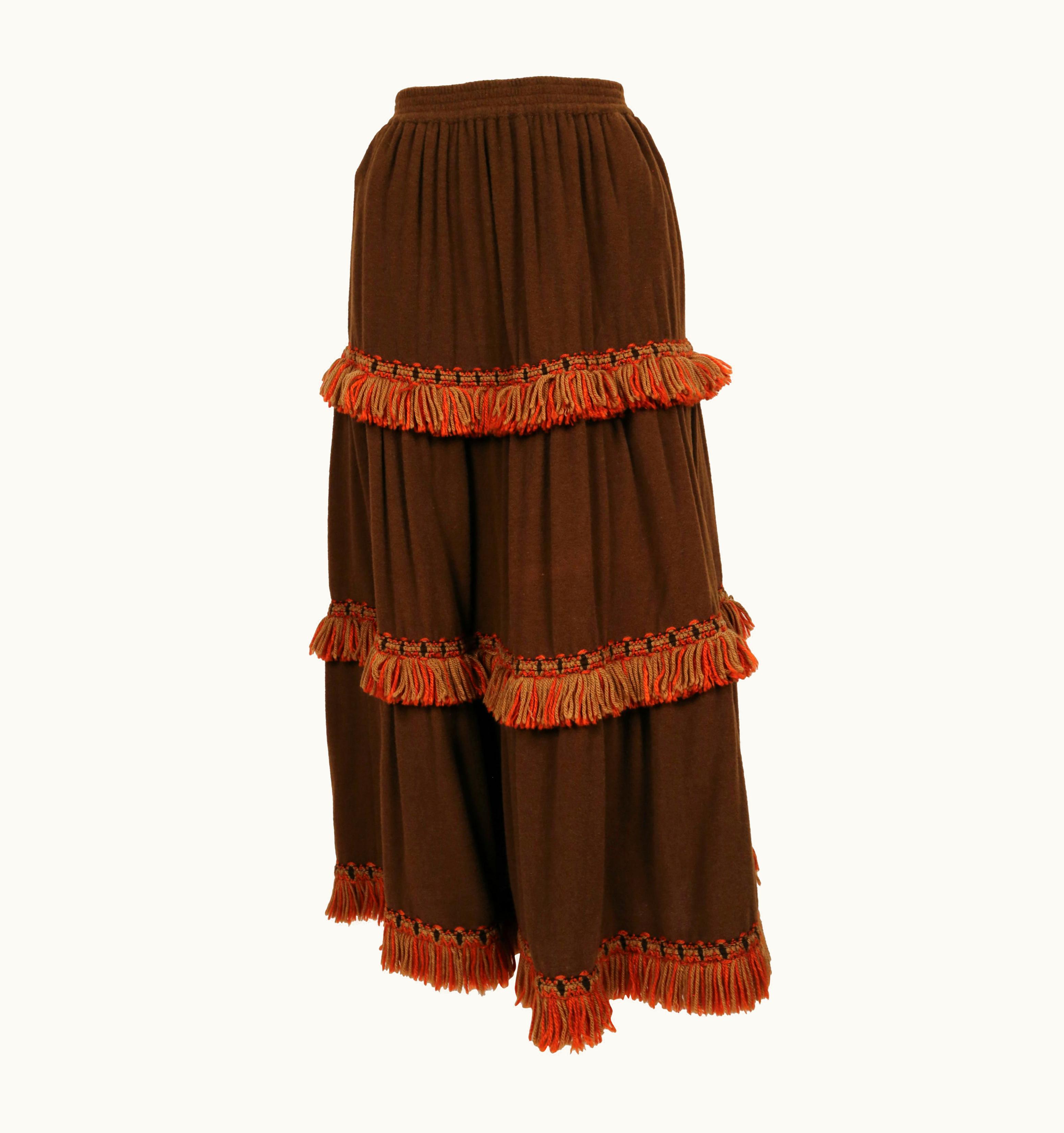 Saint Laurent 1970' Yves Saint Laurent Brown Wool Maxi Skirt With Fringed Trim