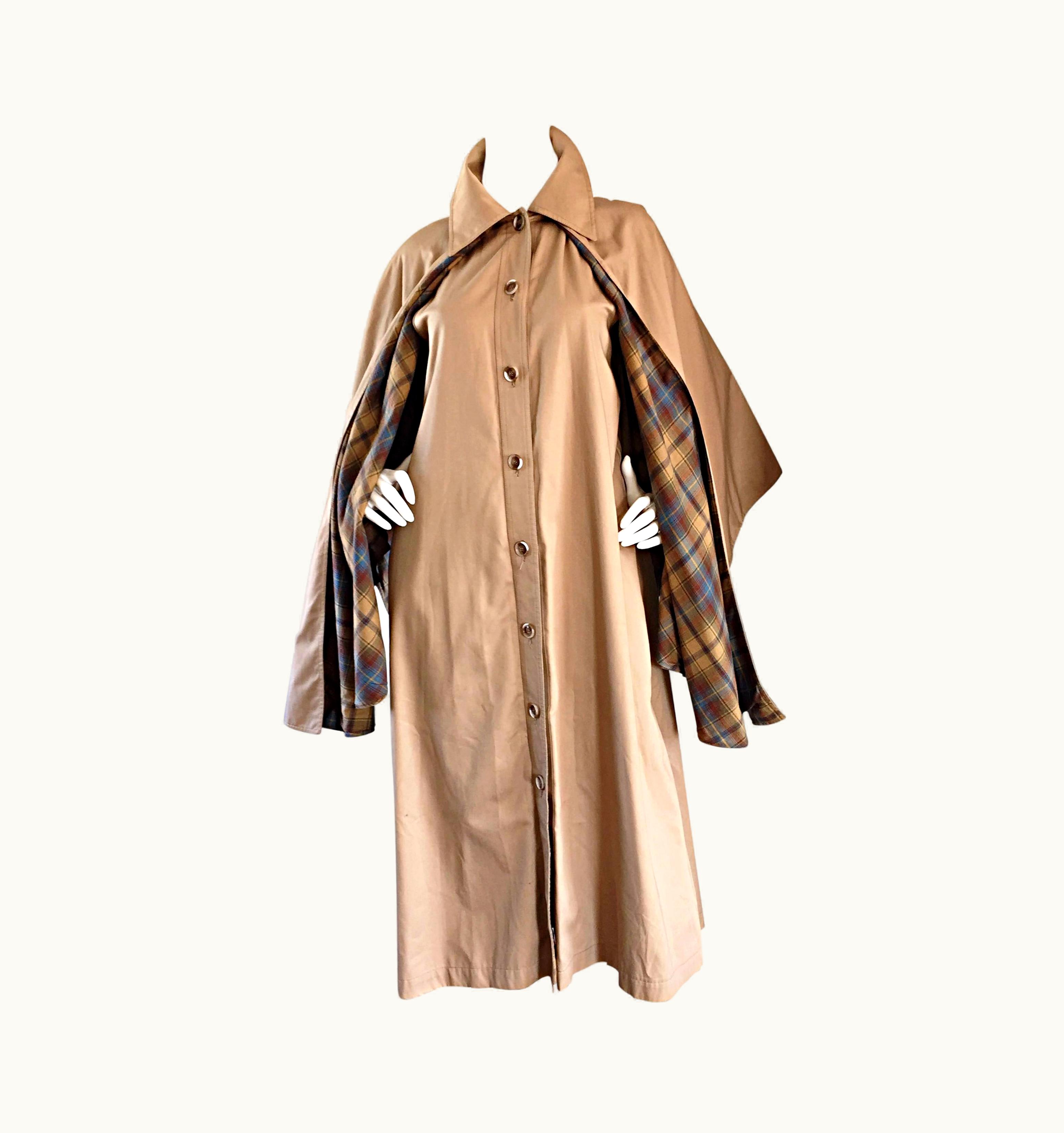 Saint Laurent Vintage Yves Saint Laurent ' Rive Gauche ' 1970s Khaki Plaid Cape Trench Jacket