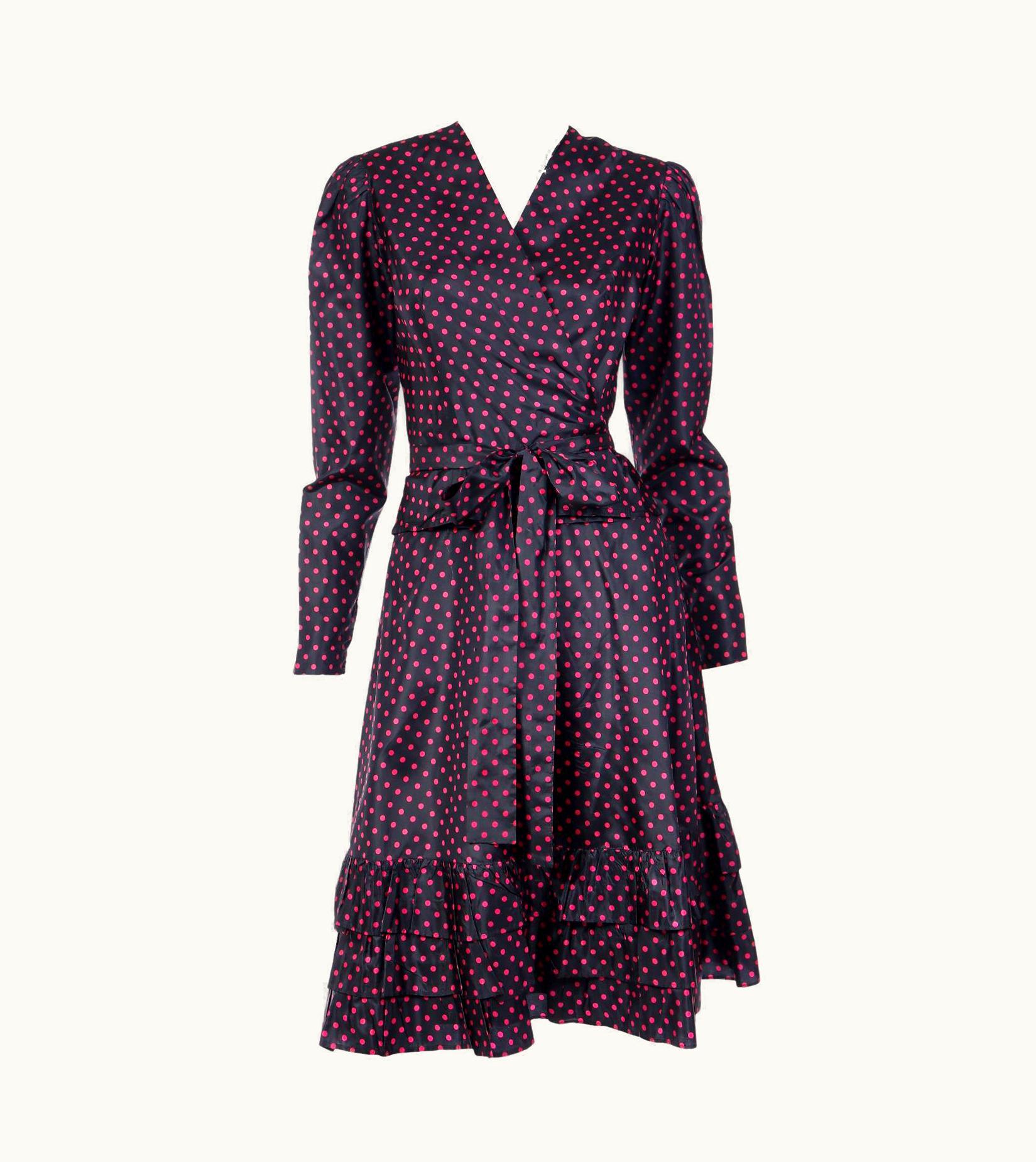 Saint Laurent 1970s Yves Saint Laurent Black 2pc Taffeta Dress W Pink Polka Dots W Skirt & Top