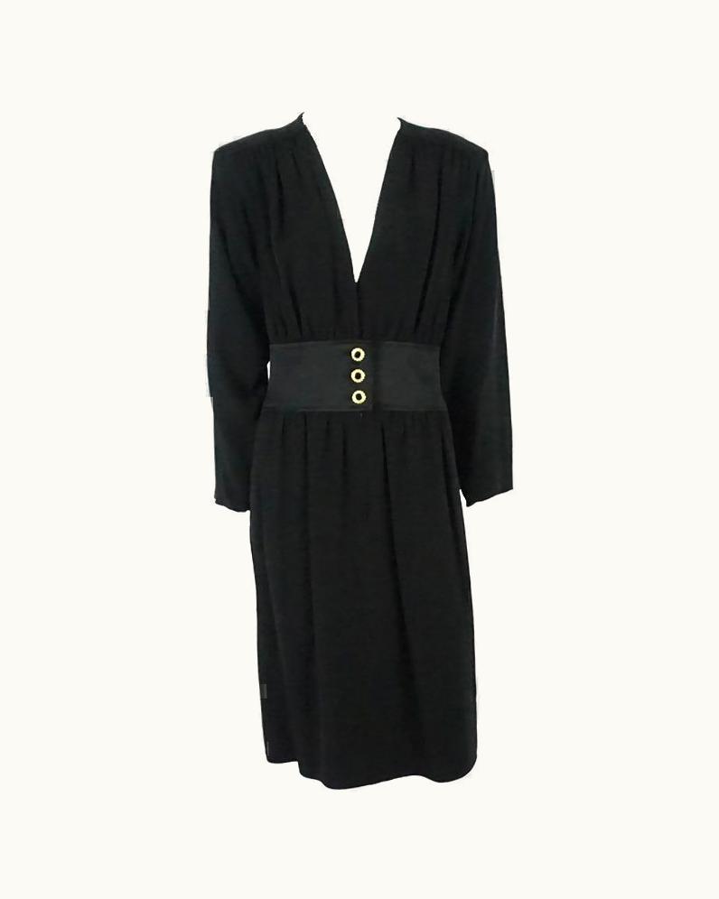Saint Laurent Yves Saint Laurent Black Wool Crepe Long Sleeve Dress-40-Circa 70'