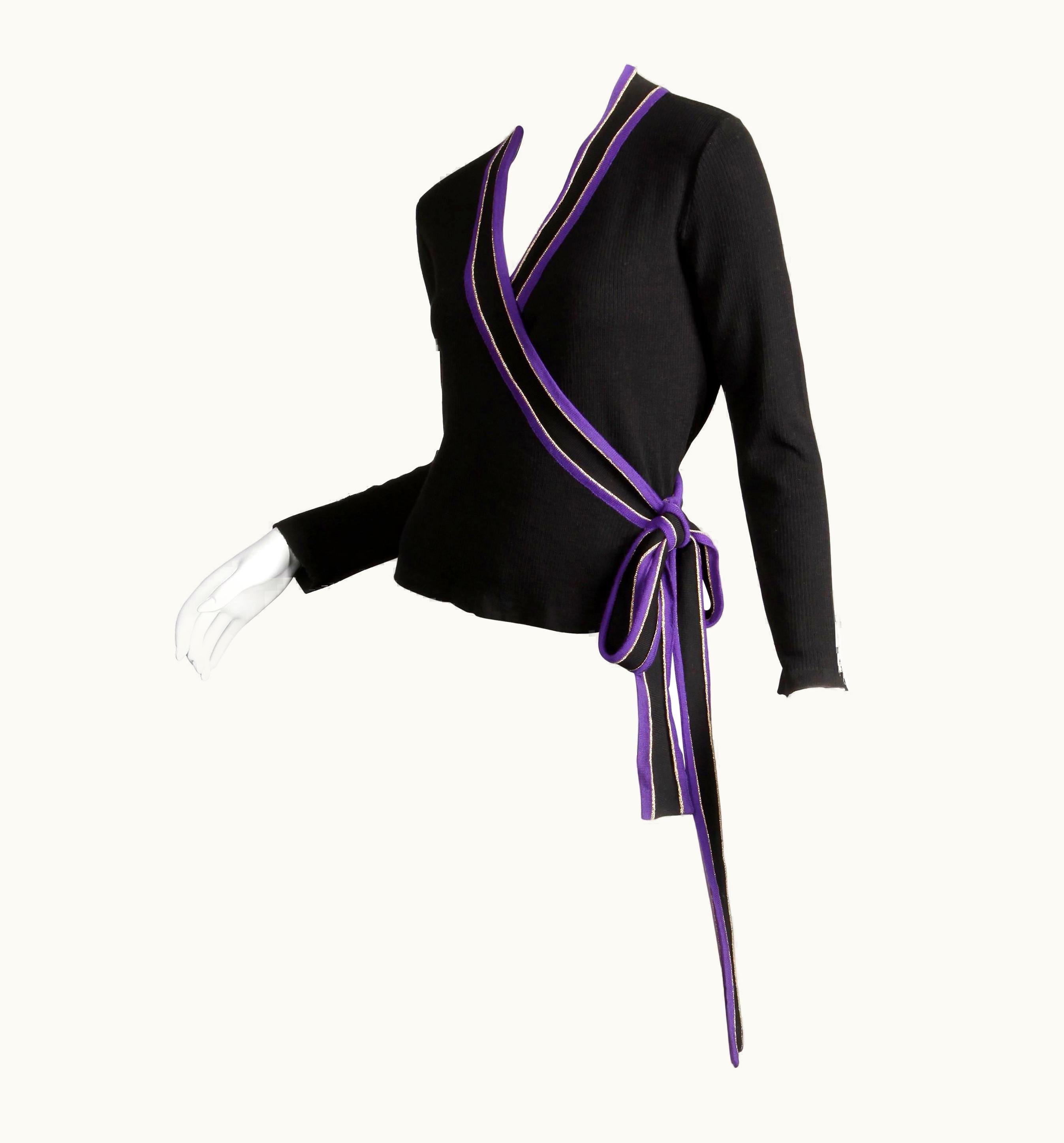 Saint Laurent 1970s Yves Saint Laurent Vintage Purple Black Gold Knit Wrap Sweater TopS/S Shirt