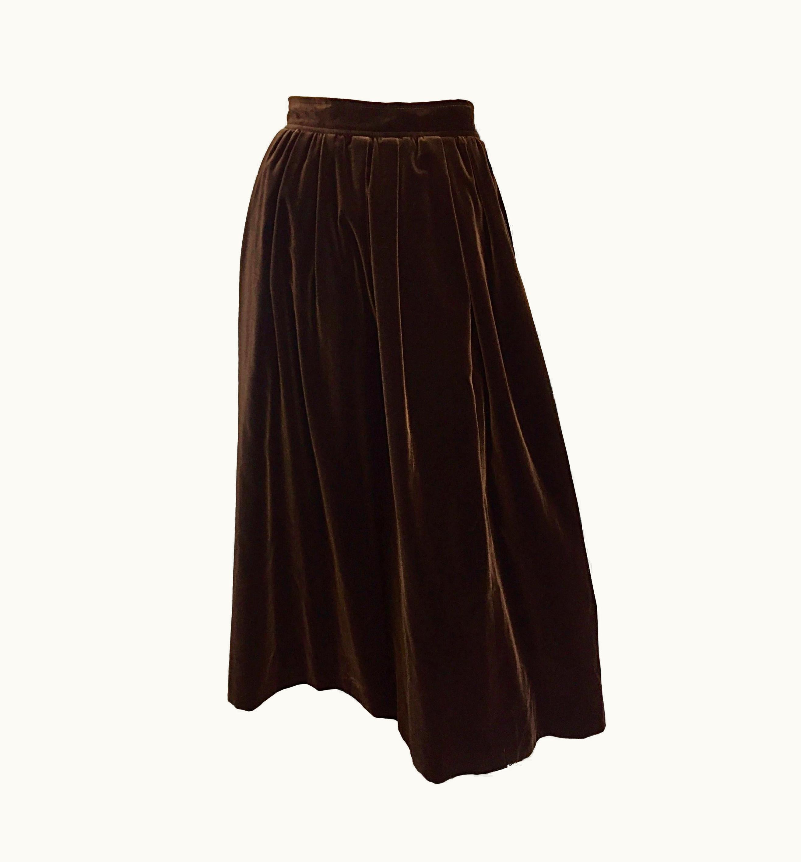Saint Laurent Yves Saint Laurent 1970s Vintage Chocolate Brown Velvet 70s Full Midi Skirt YSL