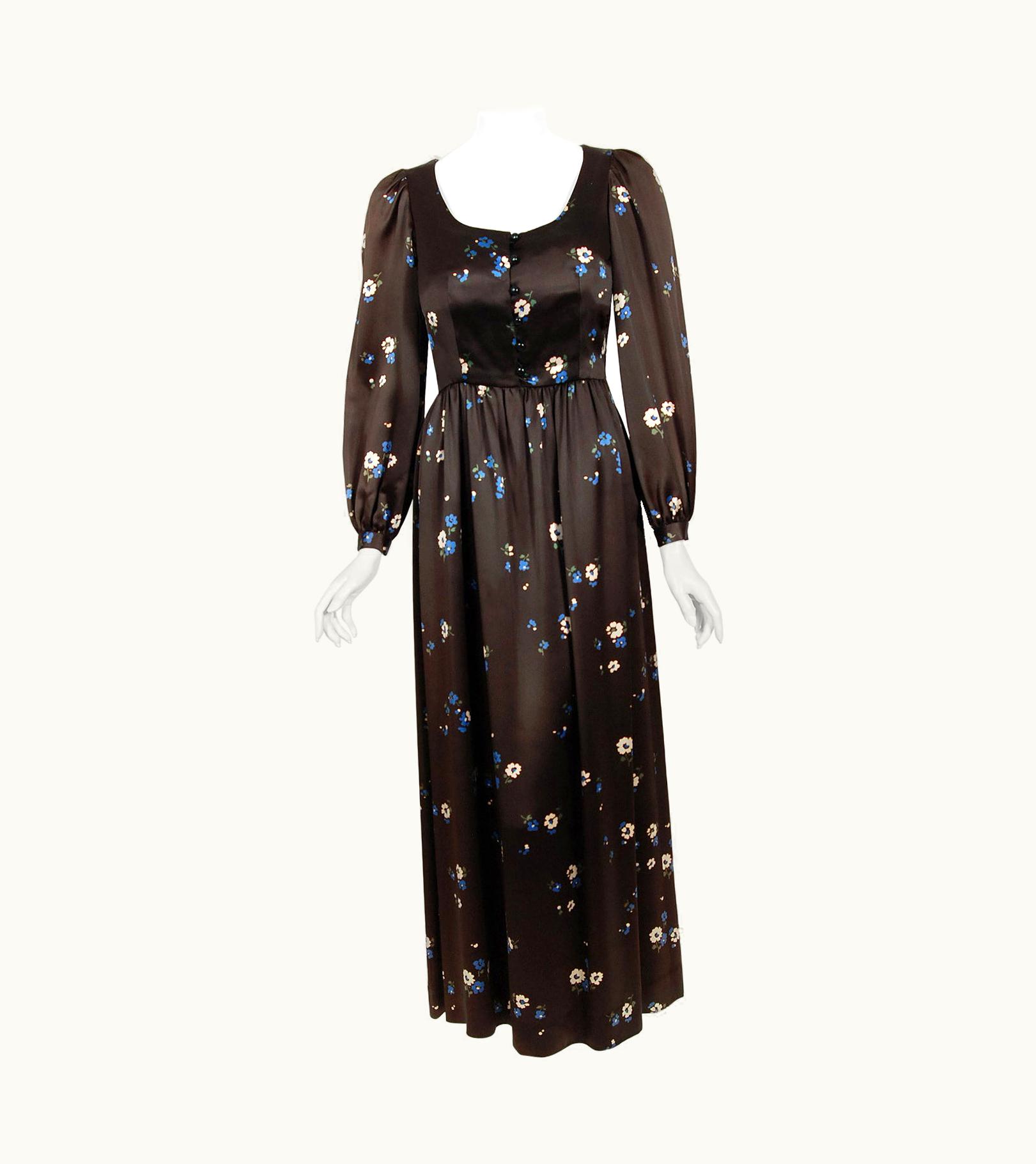 Saint Laurent Vintage 1974 Yves Saint Laurent Rive Gauche Brown Floral Print Satin Maxi Dress