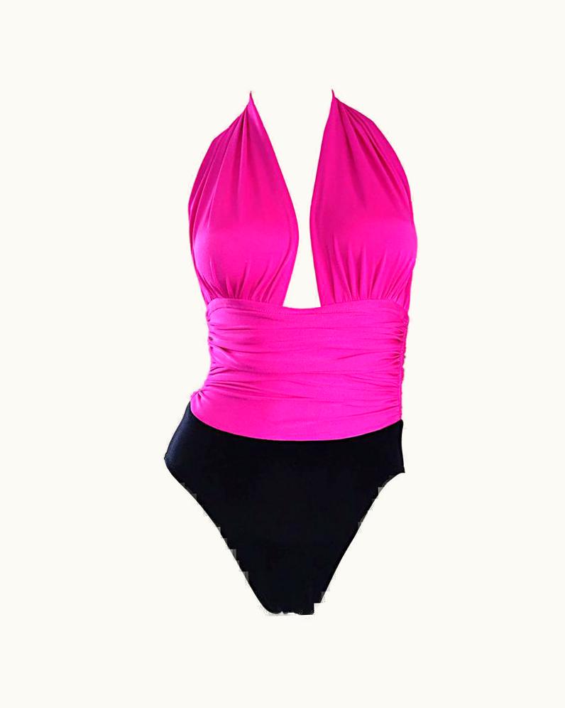 Saint Laurent Yves Saint Laurent Vintage Hot Pink Fuchsia And Black Swimsuit Bodysuit, 1970s