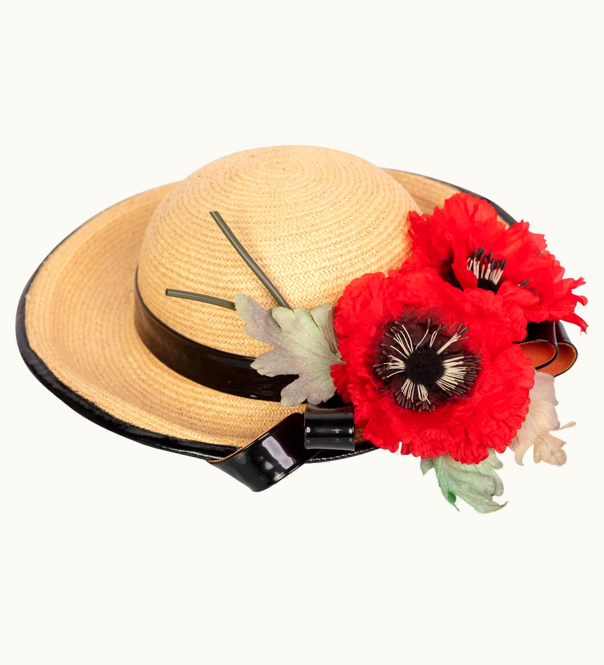 Saint Laurent Yves Saint Laurent Straw And Black Patent Leather Red Poppy Flower Hat, 1970s