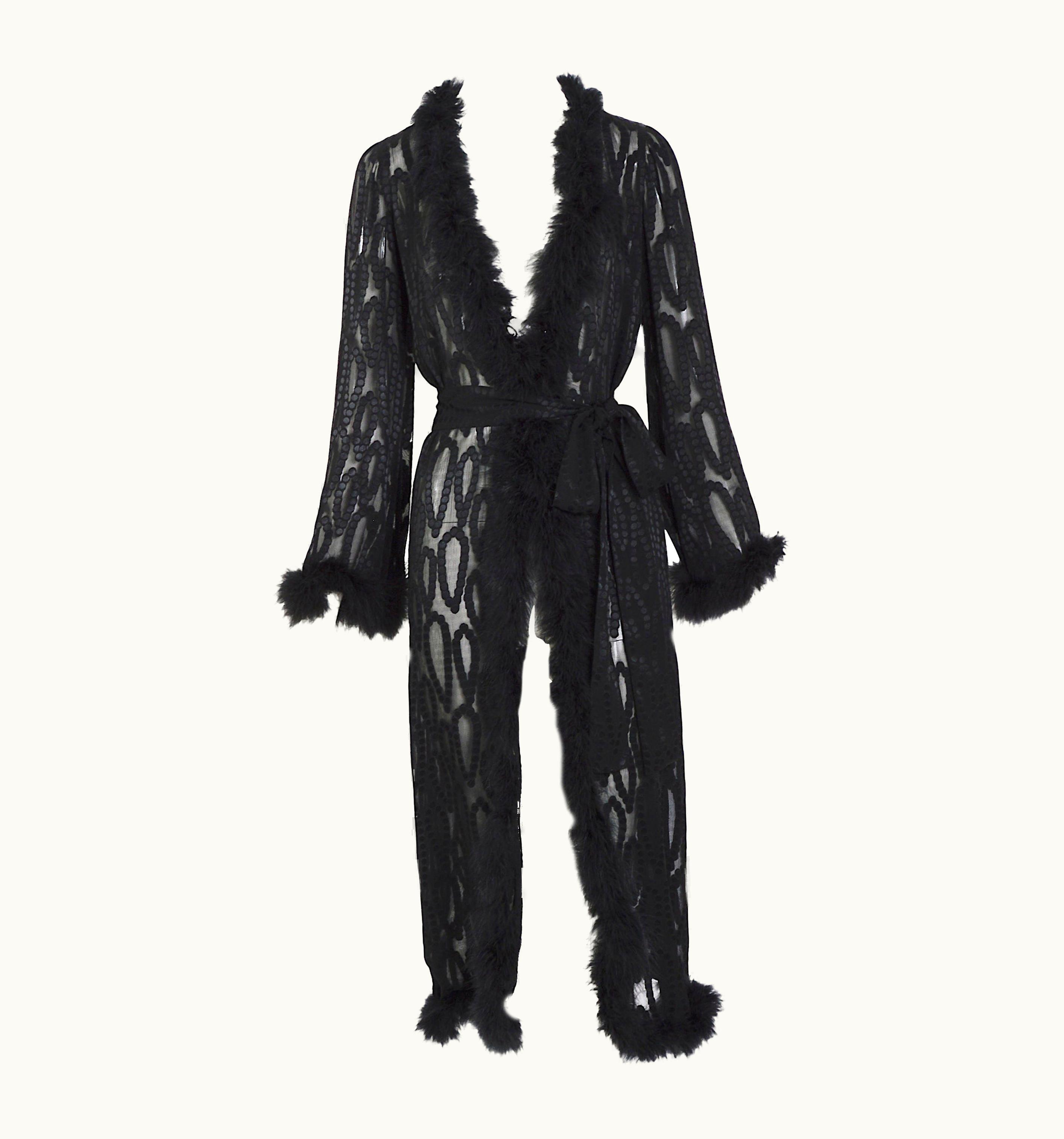 Saint Laurent Vintage 70s Yves Saint Laurent Marabou Feathers Trimmed Black Silk Evening Coat