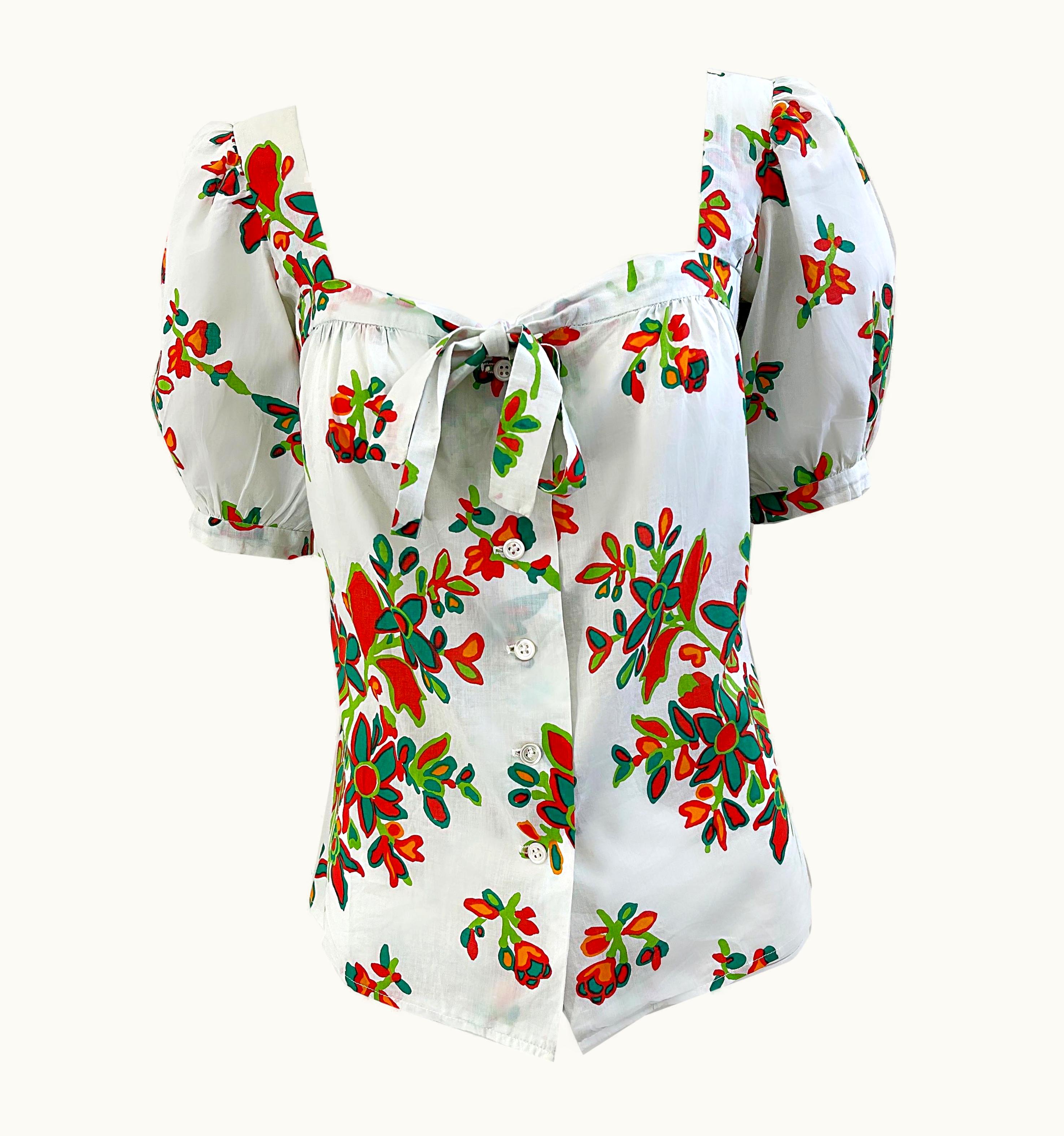 Saint Laurent 1970s Yves Saint Laurent YSL Cotton Abstract Floral Print Blouse 70s Top