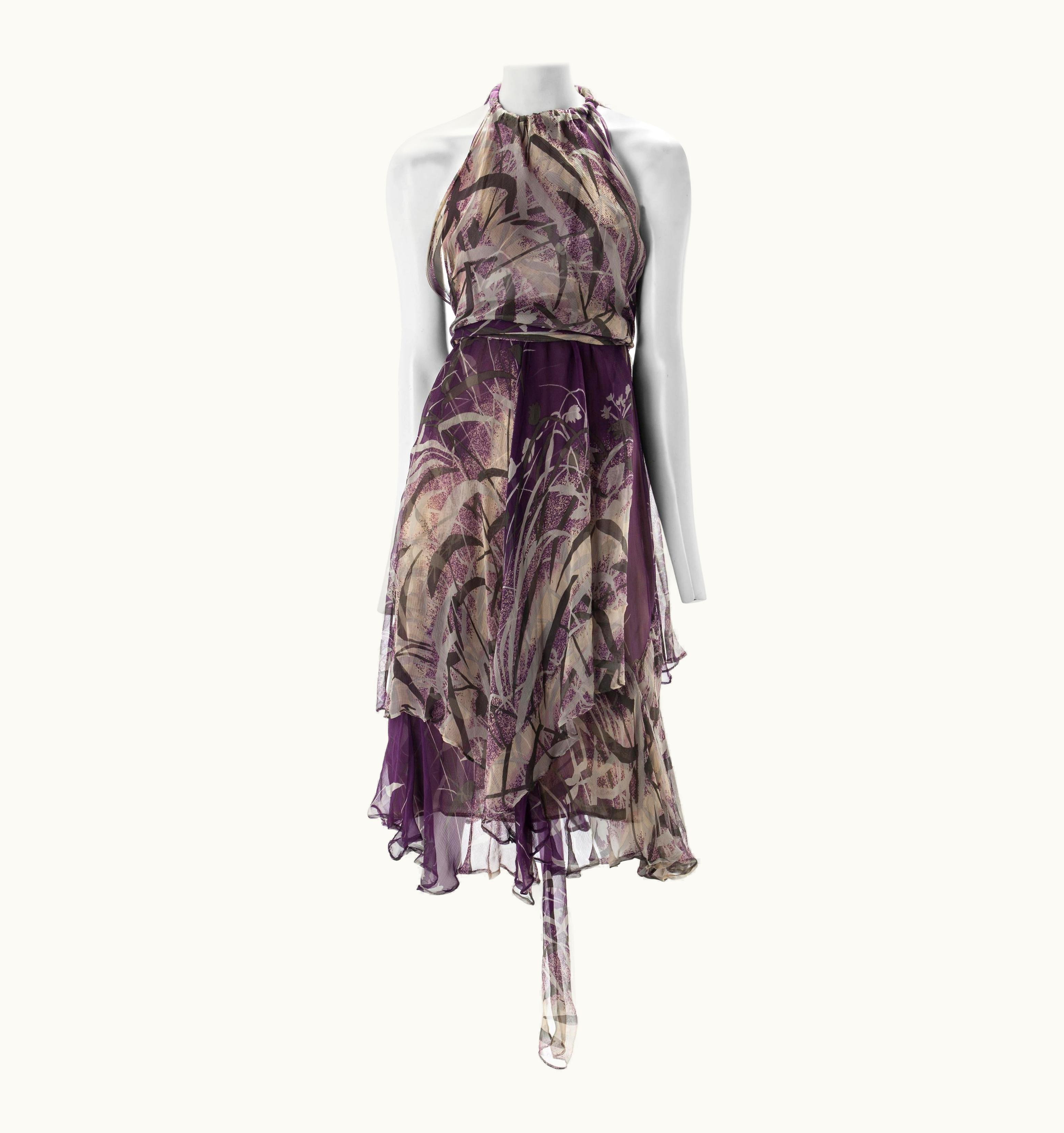 Saint Laurent Yves Saint Laurent Couture Foliage Printed Silk Chiffon Cocktail Dress, C.1970s
