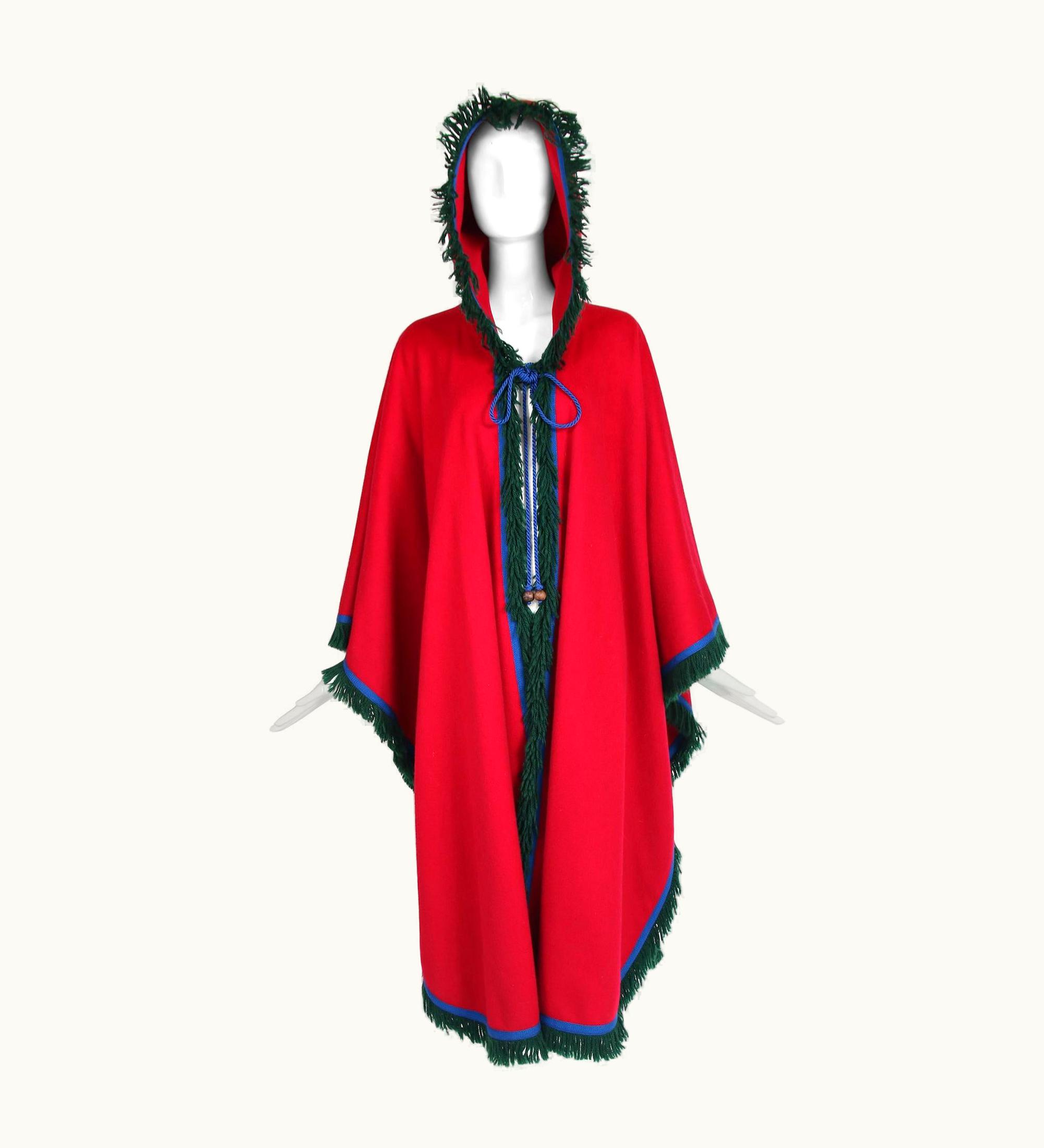 Saint Laurent Yves Saint Laurent Red Wool Hooded Cape w/Blue Trim & Green Fringe 1970'