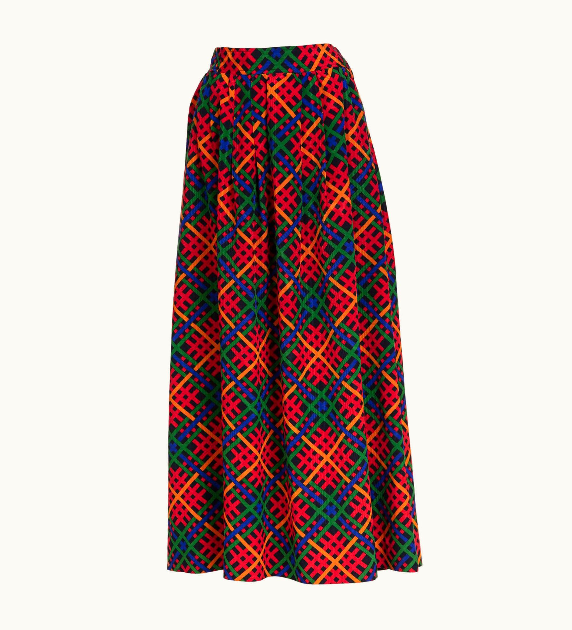 Saint Laurent Yves Saint Laurent Red Multicolored Plaid Full Maxi Skirt YSL, 1970s