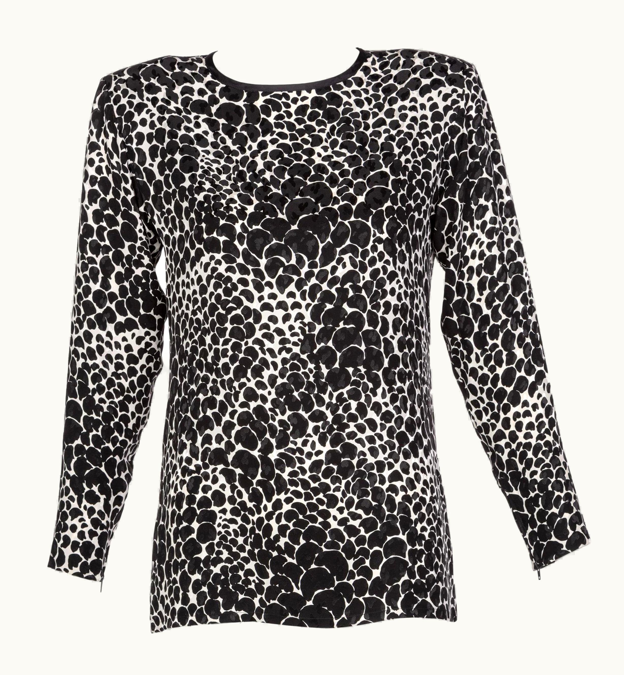 Saint Laurent Yves Saint Laurent YSL Black White Silk Print Blouse Top, 1970s