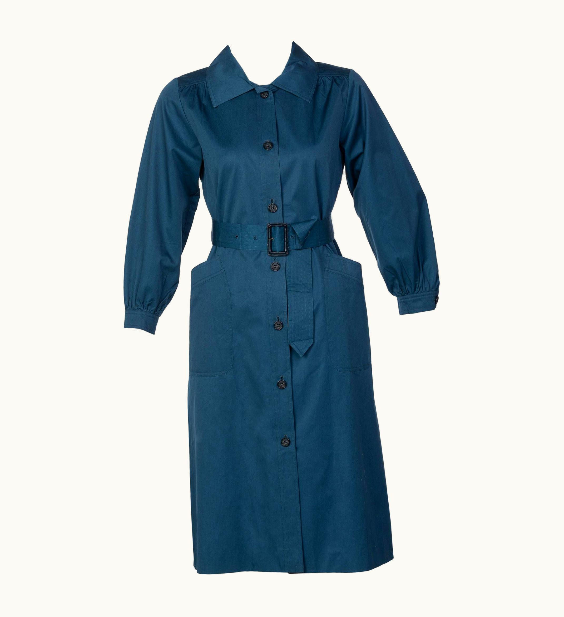Saint Laurent Yves Saint Laurent French Blue Belted Cotton Trench Coat YSL, 1970s