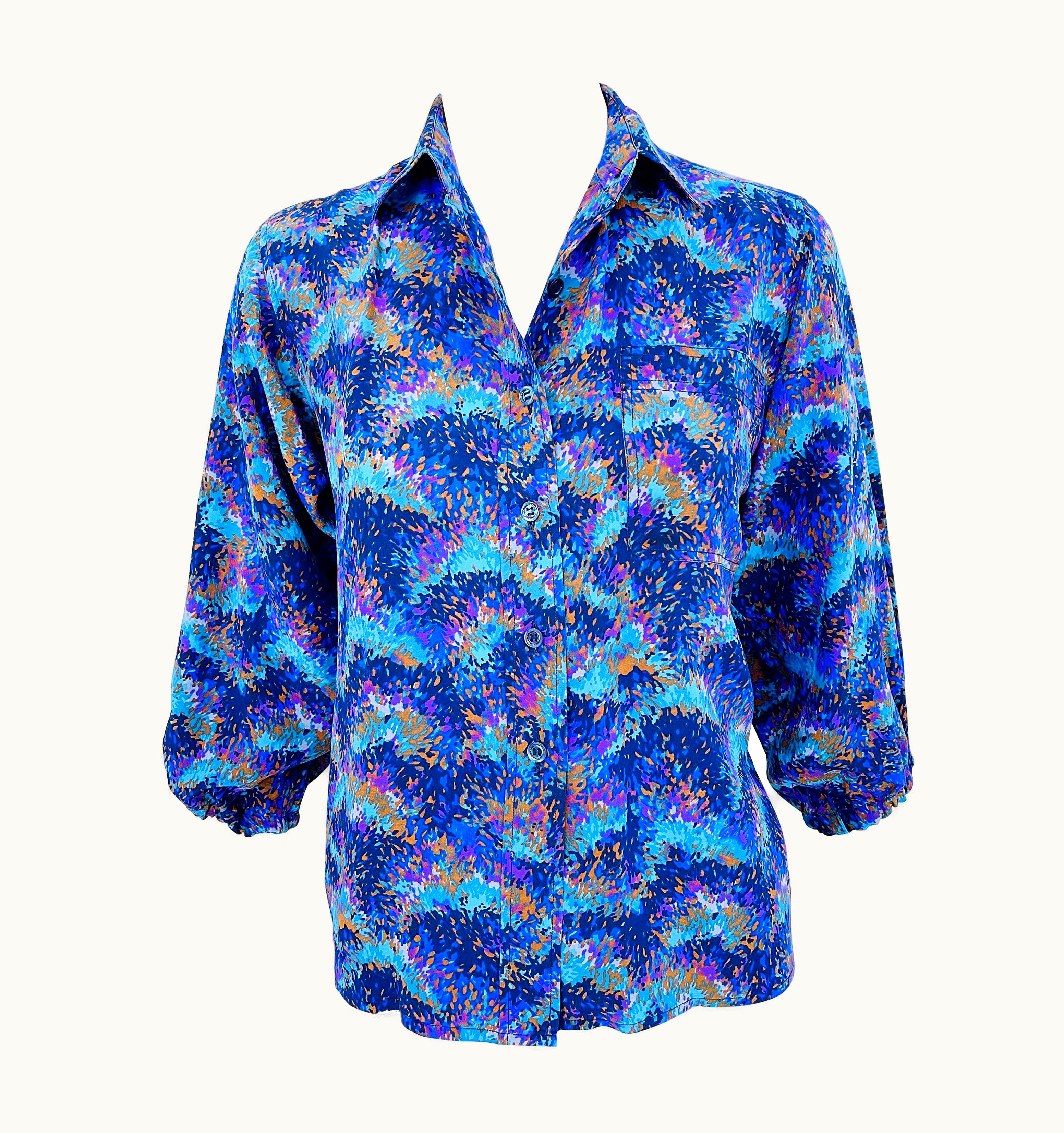 Saint Laurent 1970s Yves Saint Laurent YSL Rive Gauche Purple + Blue Vintage Silk 70s Blouse