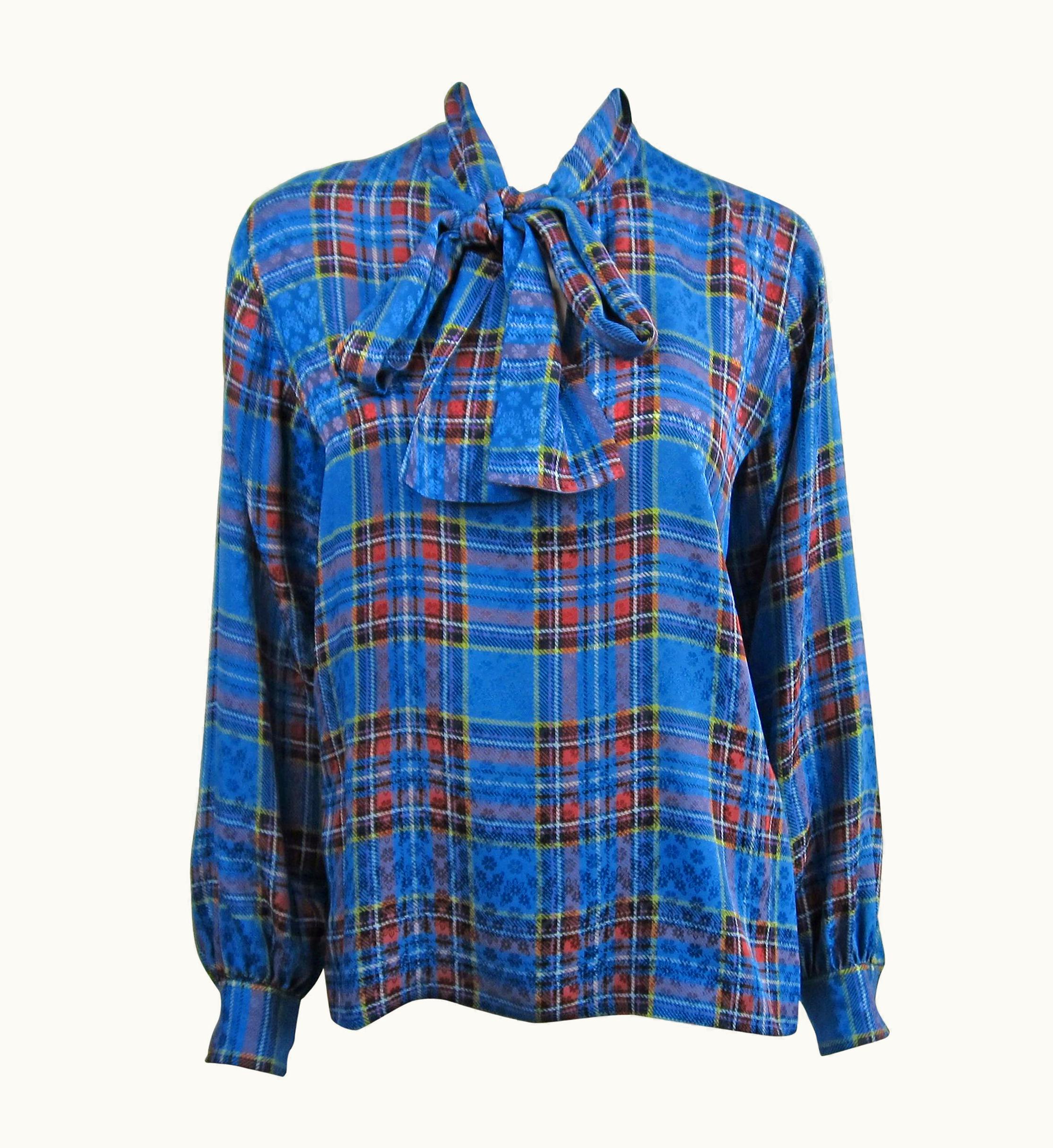 Saint Laurent 1970s Vintage Blue Plaid Yves Saint Laurent Silk Blouse 1976 Collection YSL