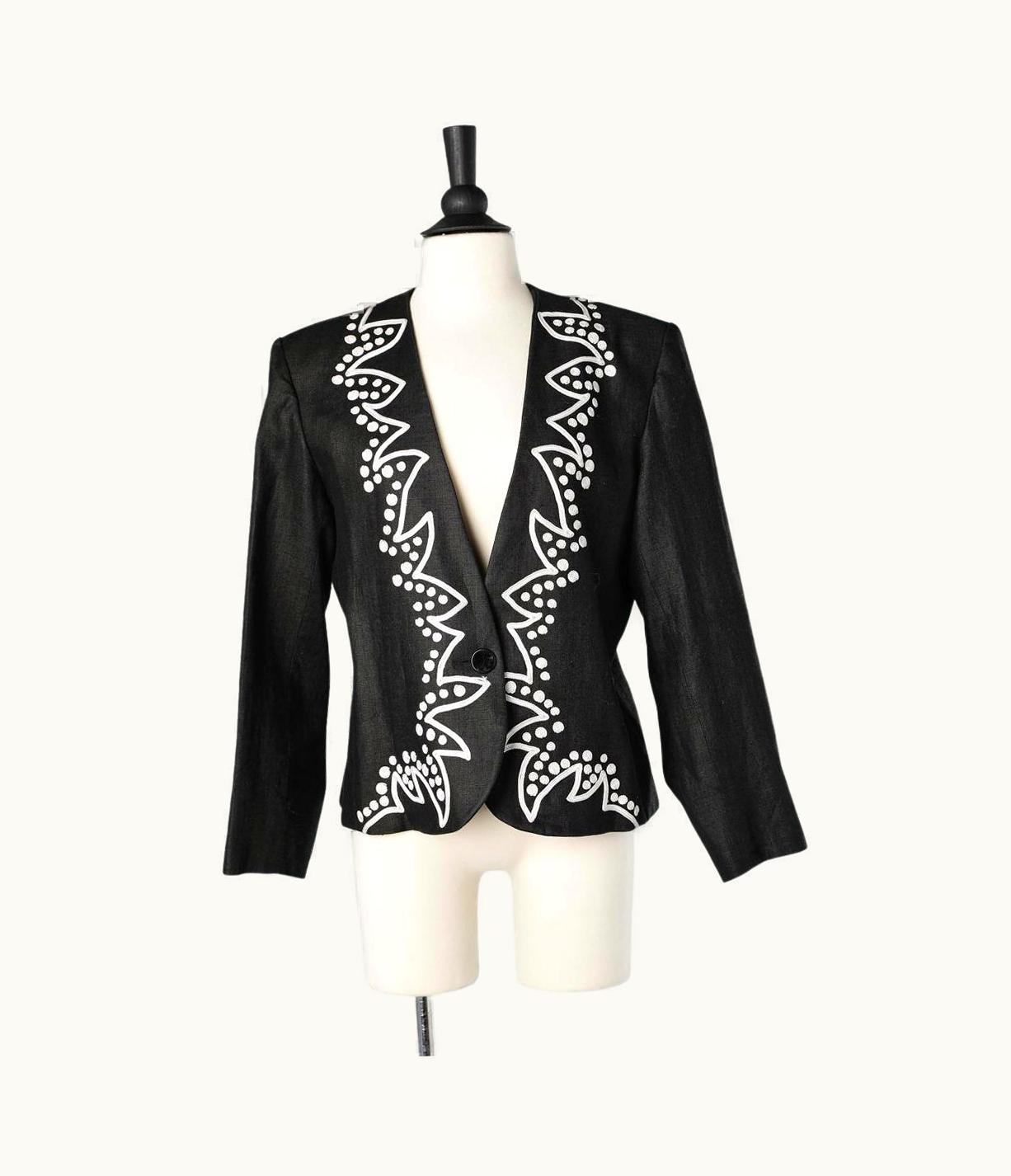 Saint Laurent Black Linen Evening Jacket With White Passementerie Saint Laurent Rive Gauche