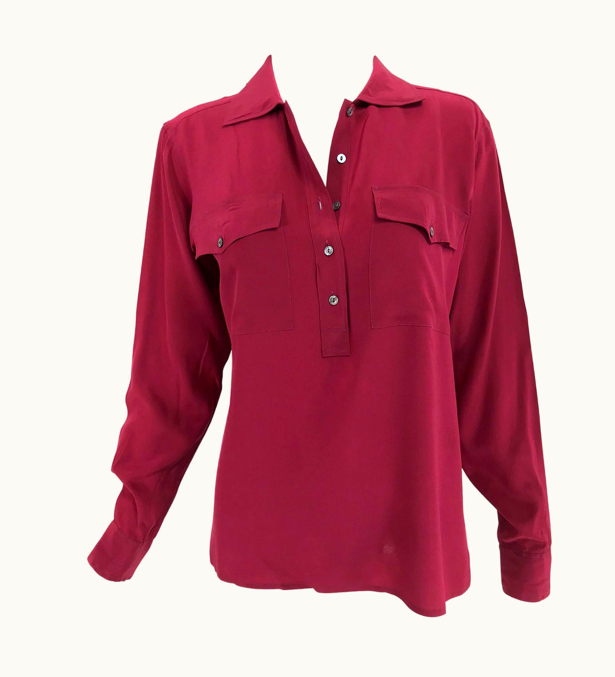 Saint Laurent Yves Saint Laurent Rive Gauche Burgundy Silk Double Pocket Blouse 1970s