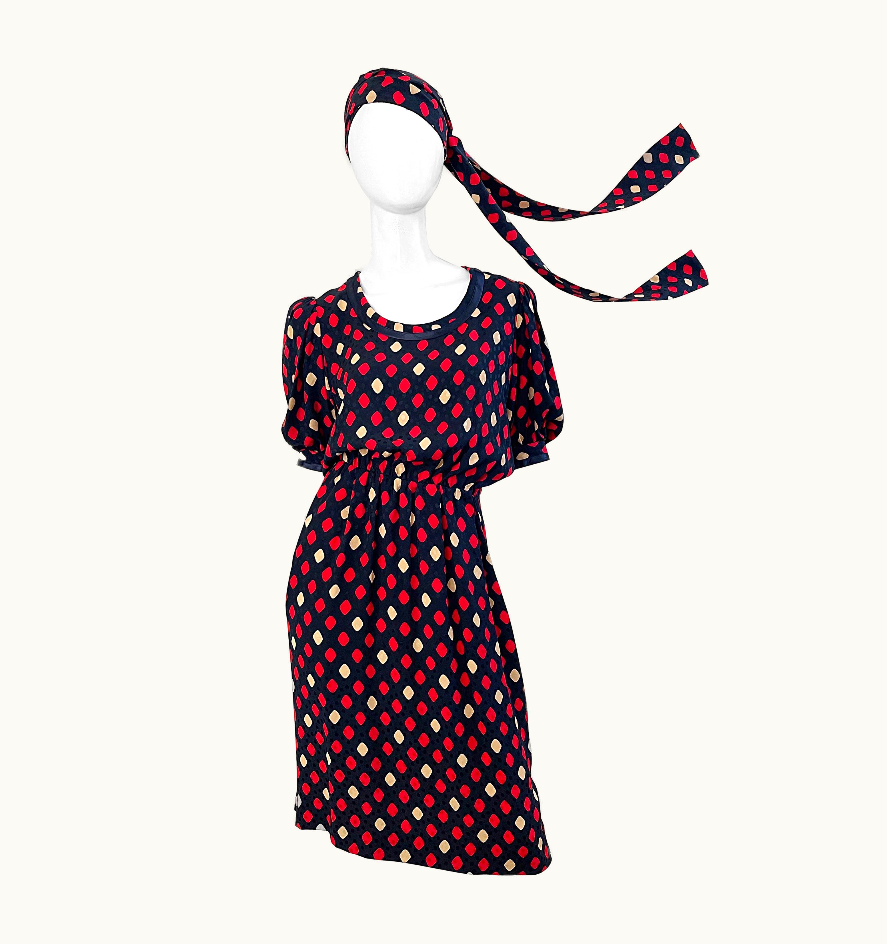 Saint Laurent Yves Saint Laurent 1970s YSL Rive Gauche Black Red Diamond Print Silk 70s Dress