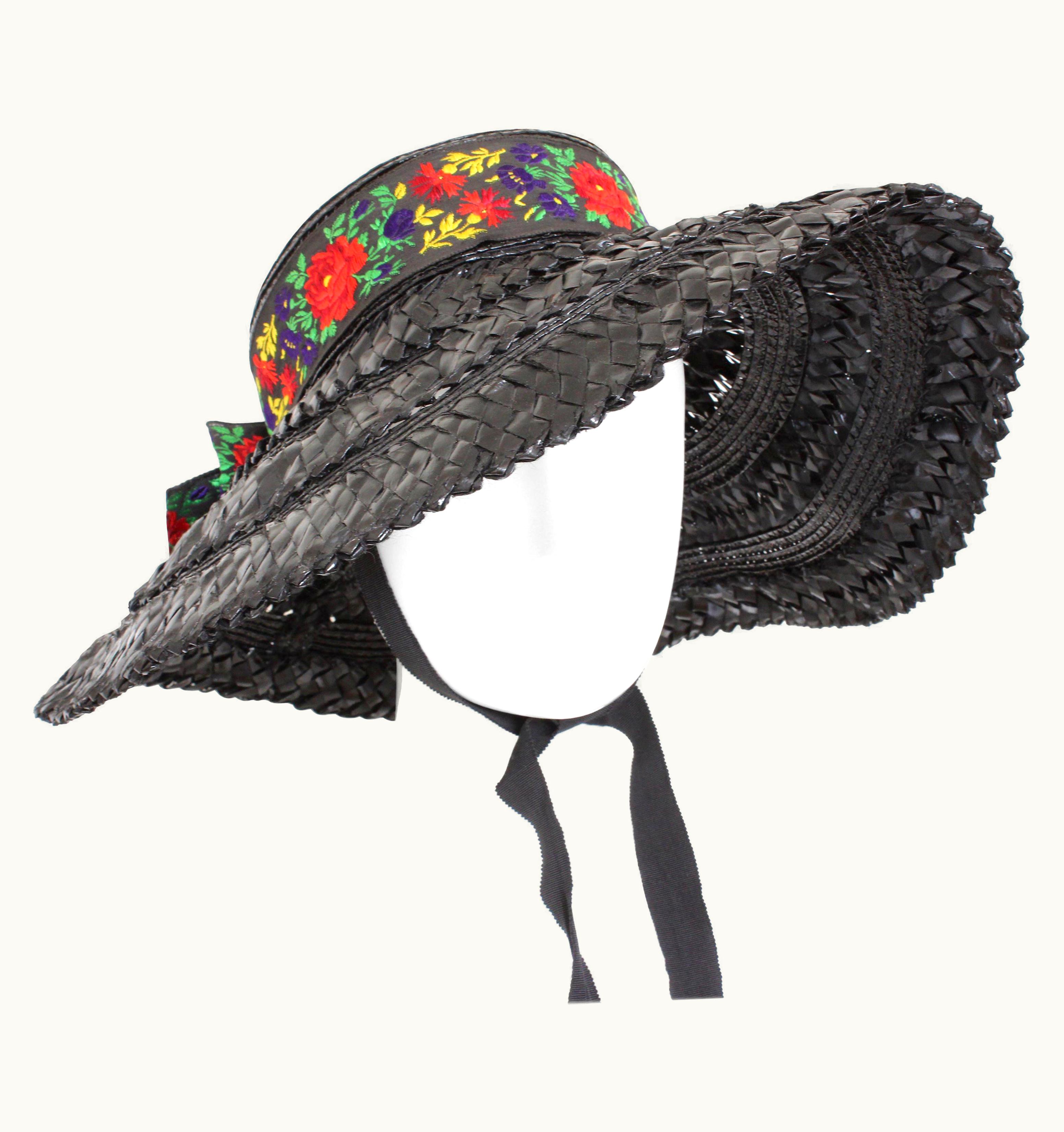 Saint Laurent Yves Saint Laurent Hat YSL Rive Gauche Wide Brim Straw Hat Florals Vintage 1970s