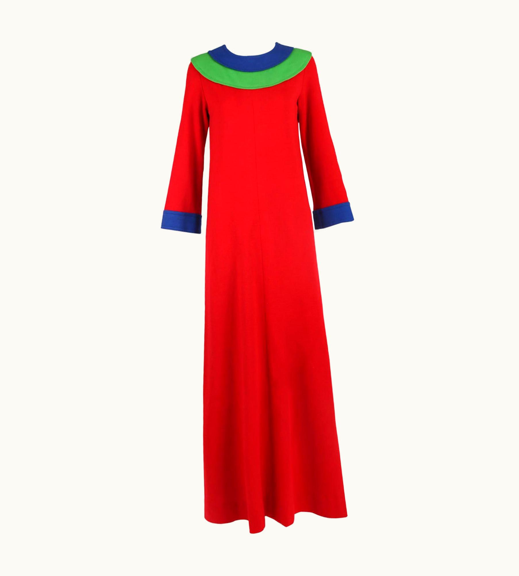 Saint Laurent Yves Saint Laurent Red Wool Maxi Dress w/Blue & Green Colorblock Trim