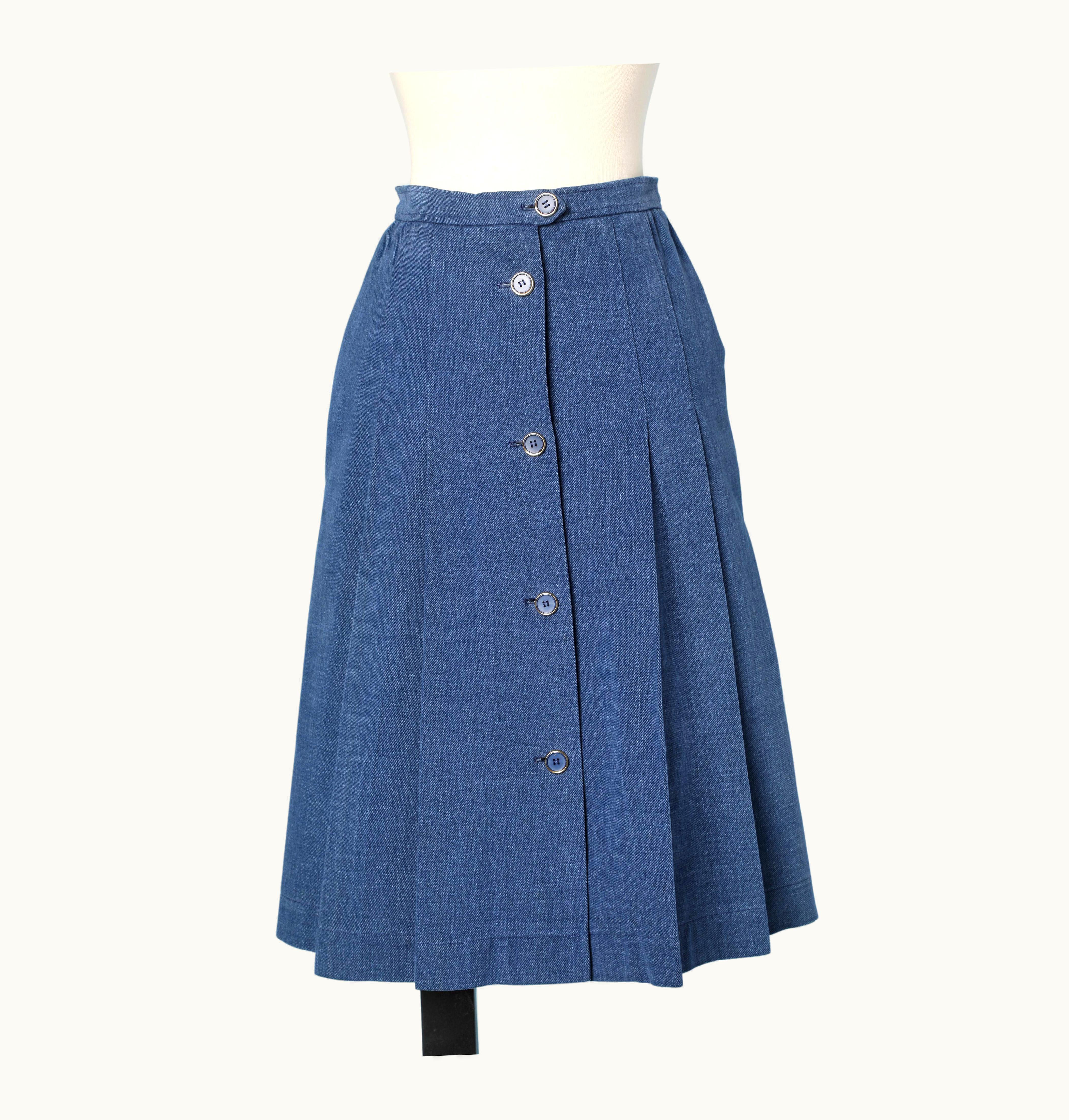 Saint Laurent Pleated Denim Cotton Skirt With Buttons Saint Laurent Rive Gauche