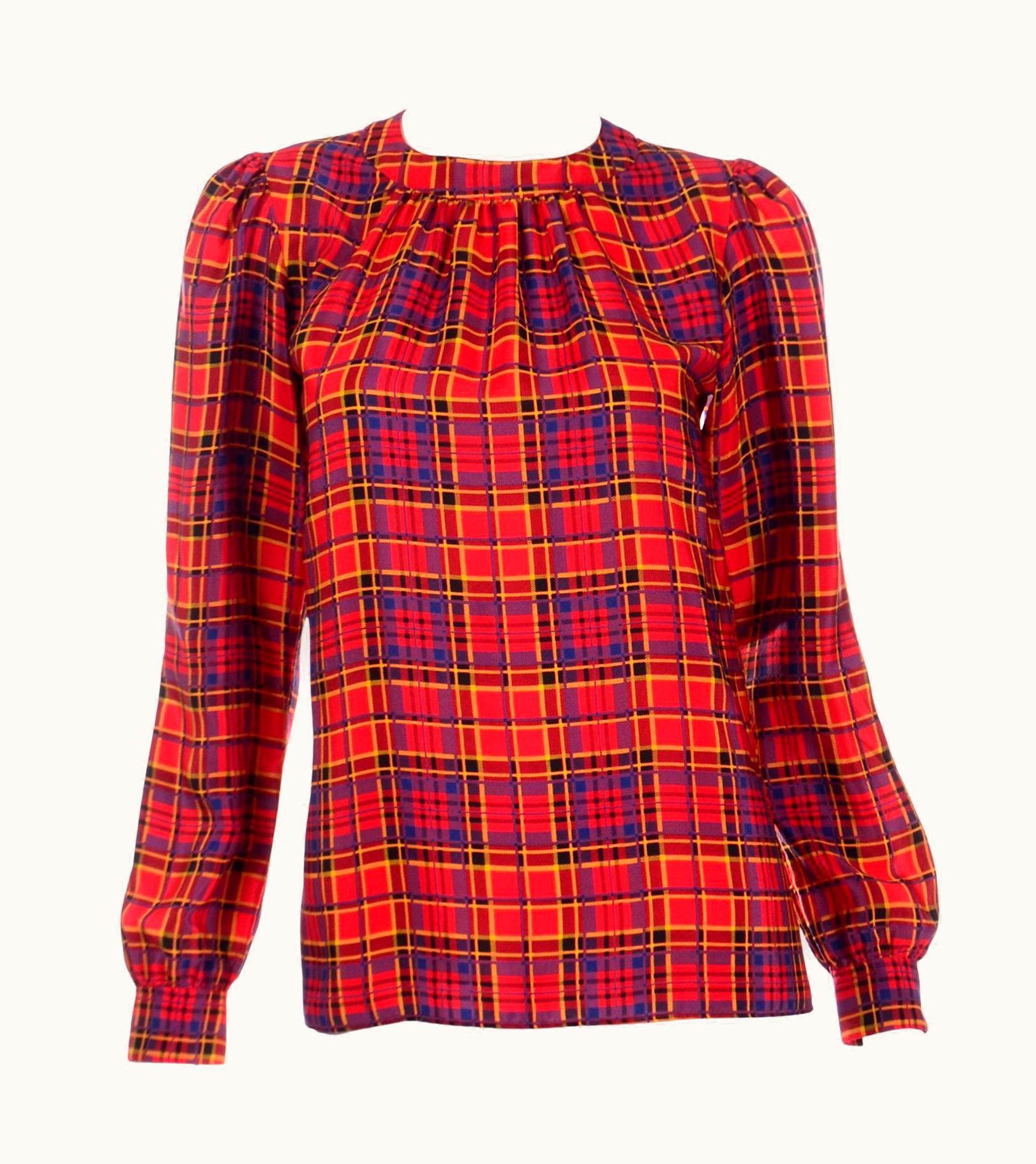Saint Laurent 1970s YSL Yves Saint Laurent Vintage Red Blue & Yellow Plaid Silk Blouse