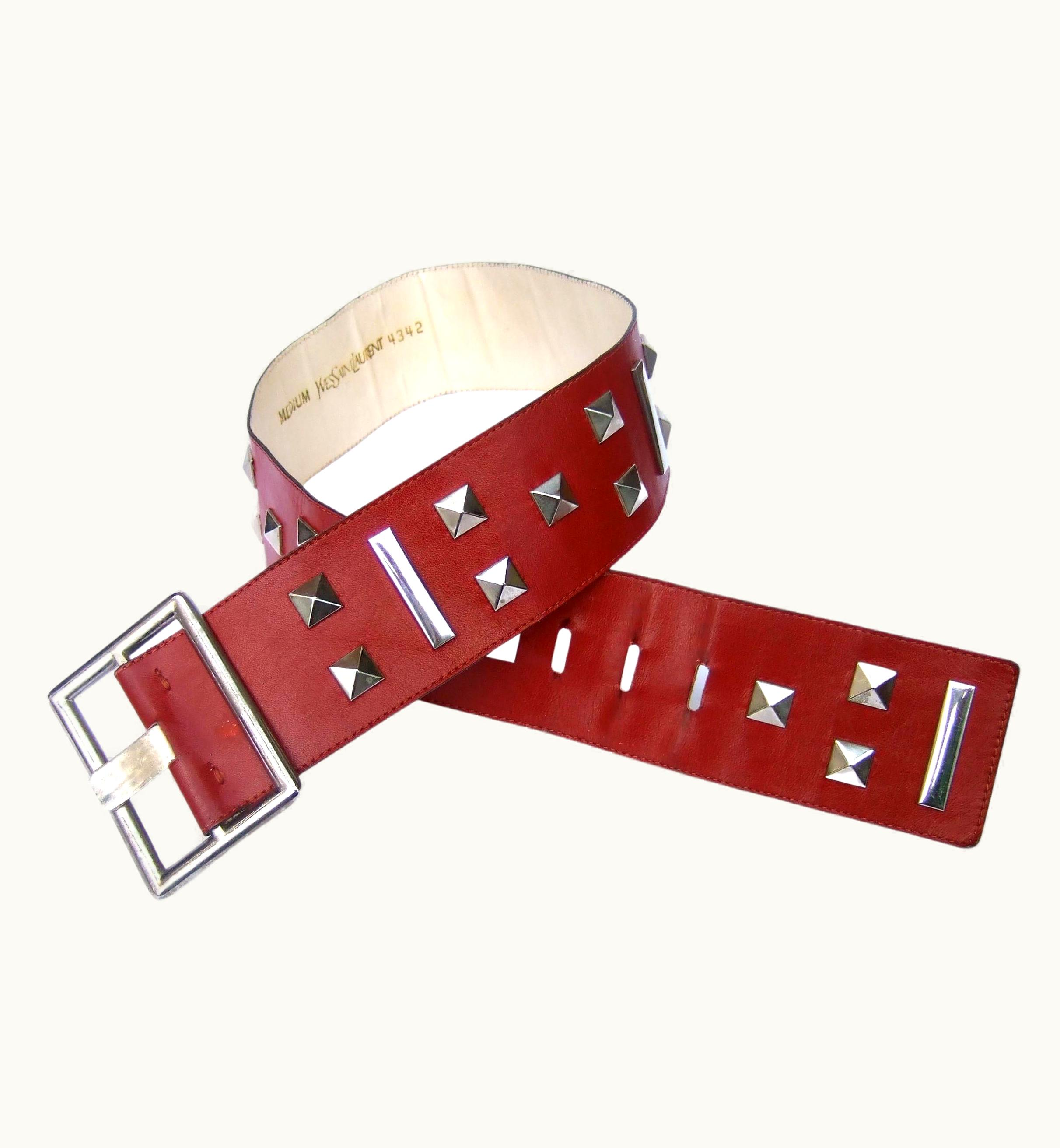 Saint Laurent Yves Saint Laurent Wide Red Leather Chrome Grommet Studded Belt C 1970s