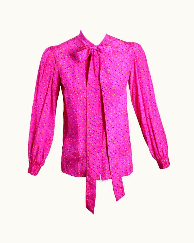 Saint Laurent 1970s Yves Saint Laurent Pink Confetti Print Silk Bow Tie Blouse YSL