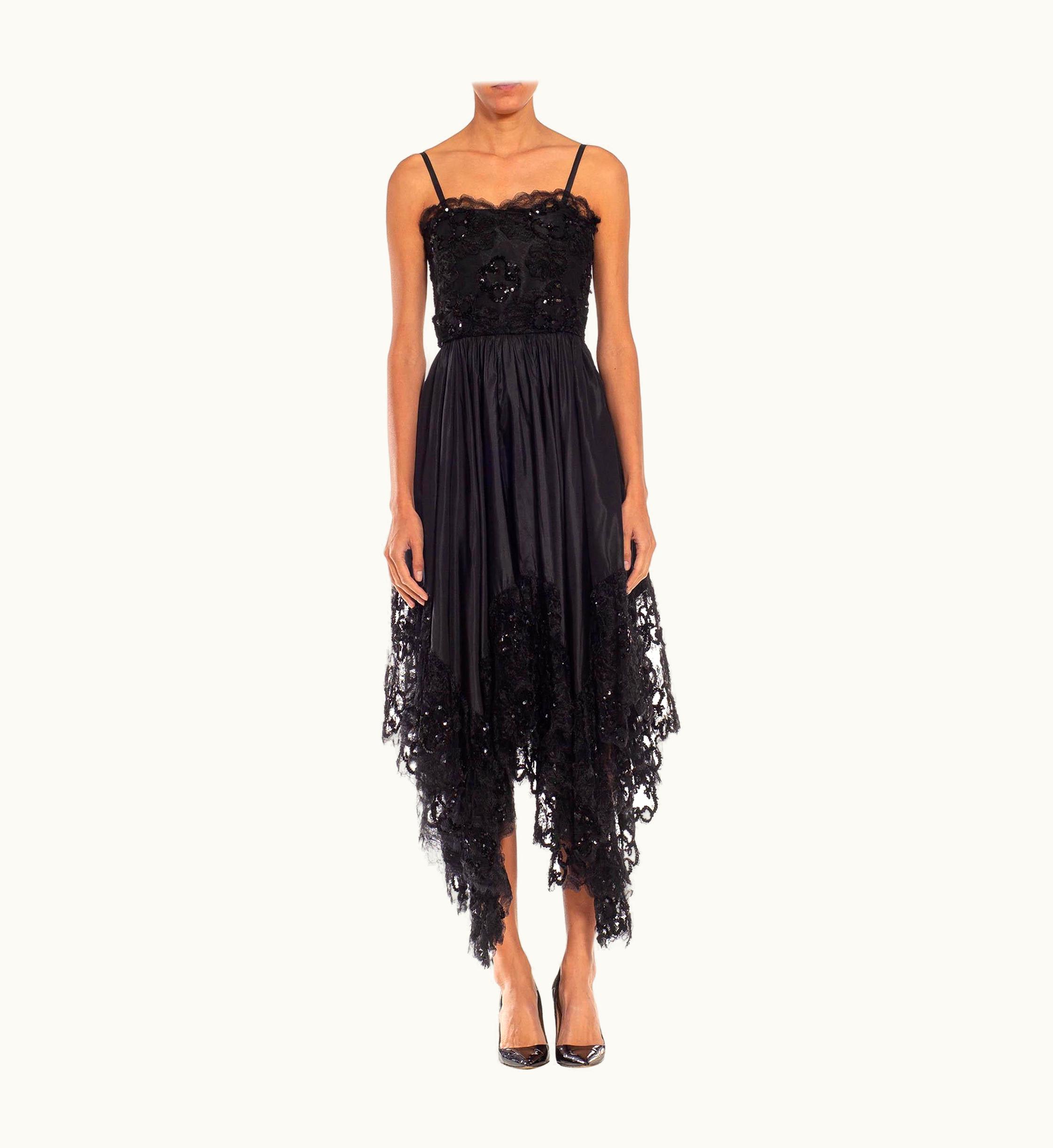 Saint Laurent 1970s Yves Saint Laurent Black Sequined Chiffon & Lace Dress