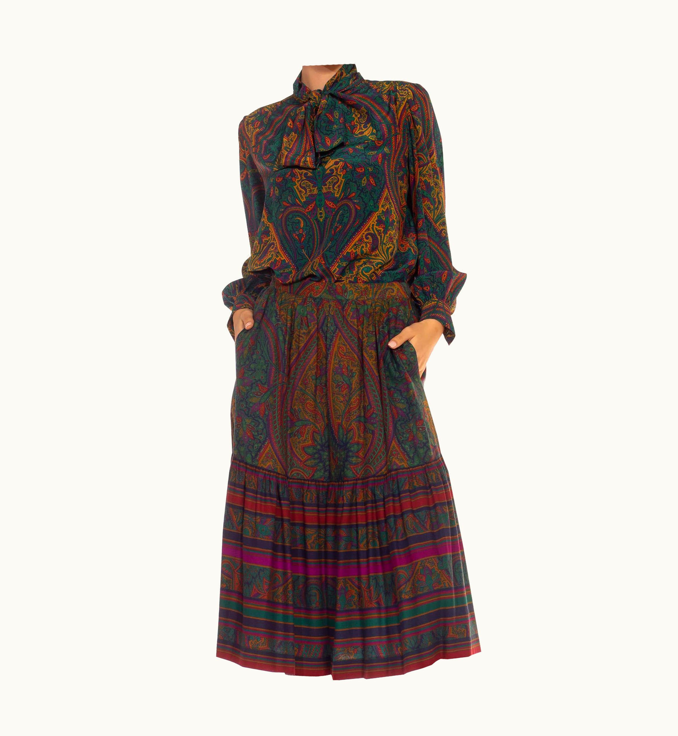 Saint Laurent 1970s Yves Saint Laurent Rive Gauche Green & Yellow Silk Pussy Bow Blouse Maxi