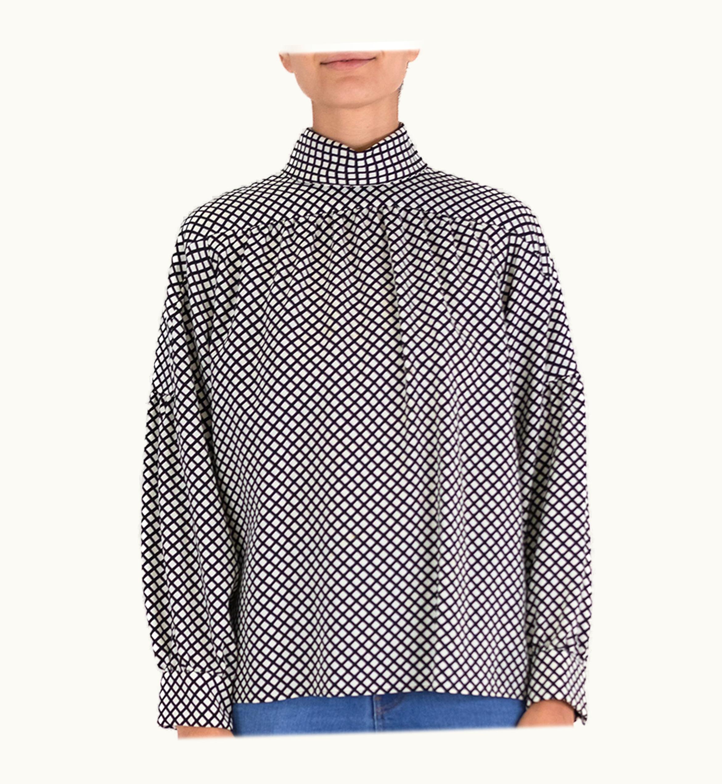 Saint Laurent 1970s Yves Saint Laurent White & Black Rive Gouche Wool Geometric Pattern Blouse