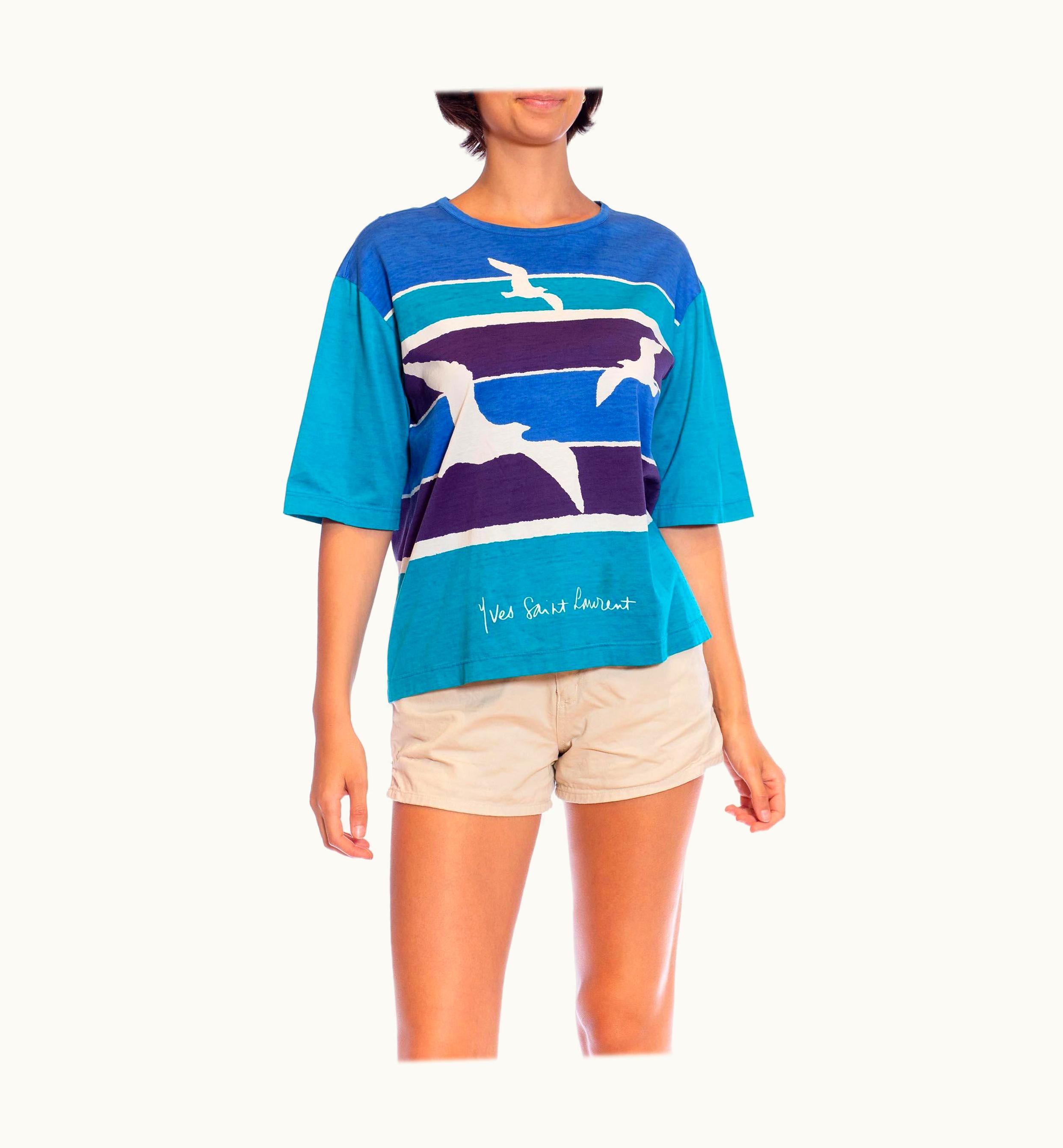 Saint Laurent 1970s Yves Saint Laurent Blue & Teal Cotton Jersey Rare Seashore Print T-Shirt