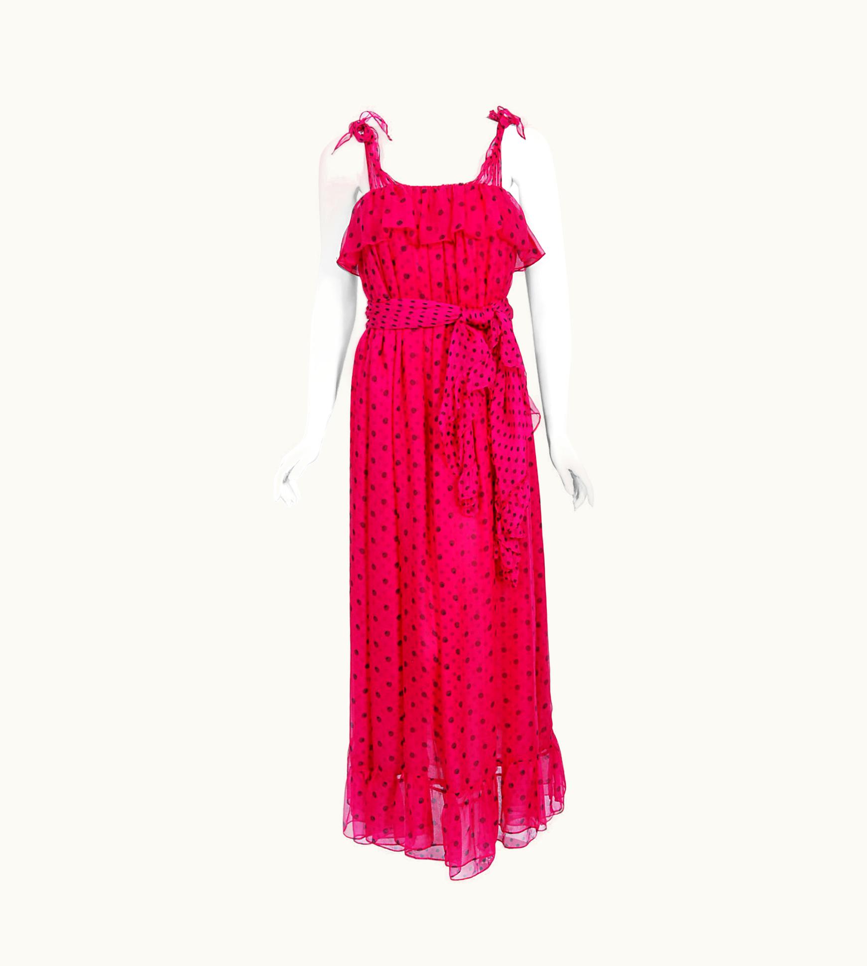 Saint Laurent Vintage 1979 Yves Saint Laurent Shocking Pink Polka Dot Silk Sash Maxi Dress