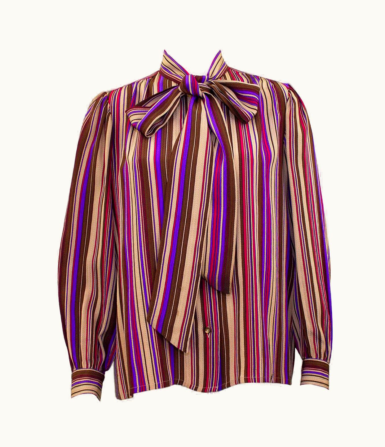 Saint Laurent 1970s Yves Saint Laurent Rive Gauche Purple Stripe Silk Pussybow Blouse