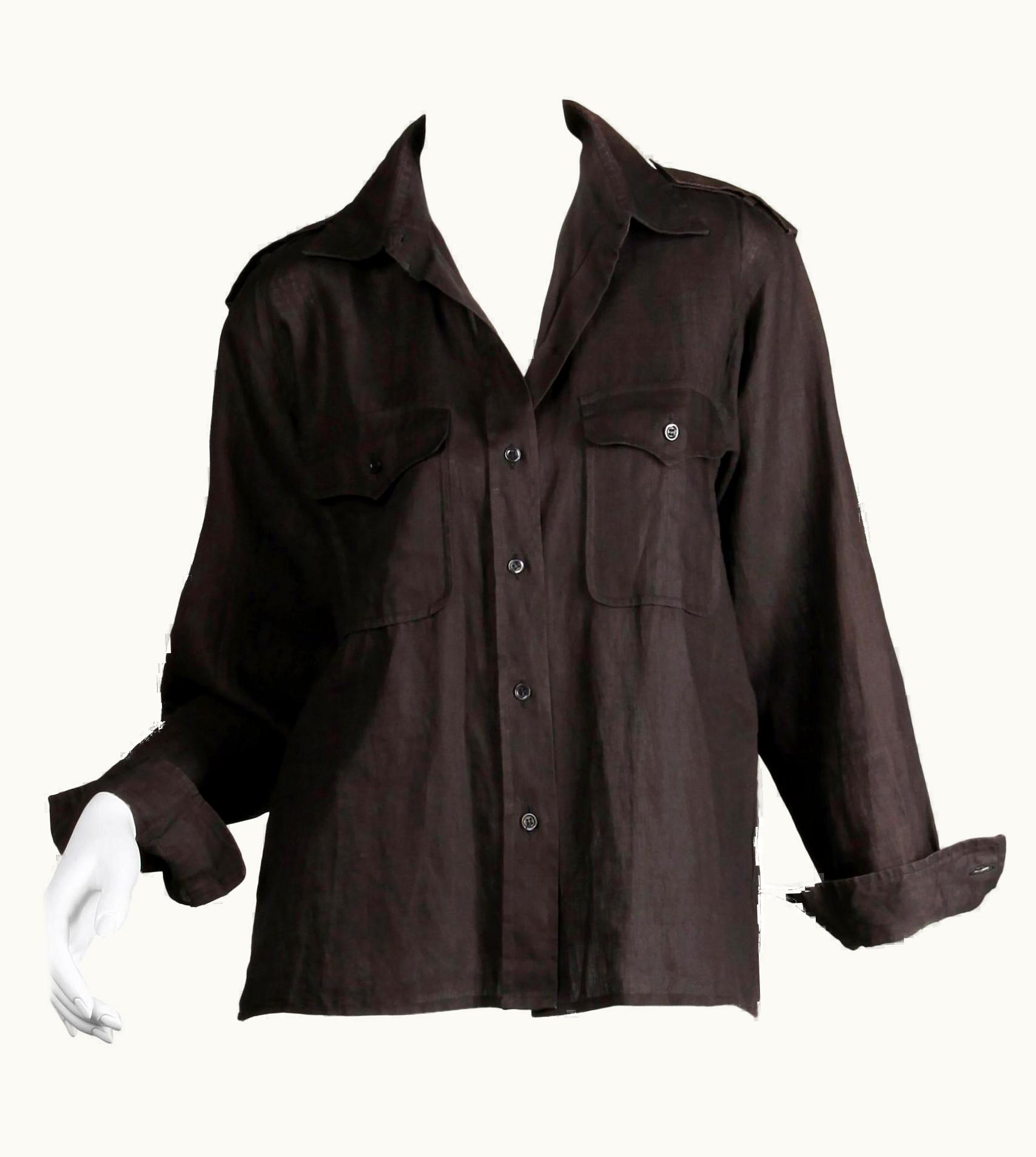 Saint Laurent 1970s Yves Saint Laurent Vintage Black Linen Safari Button Up BlouseS/S TopS/S Shirt