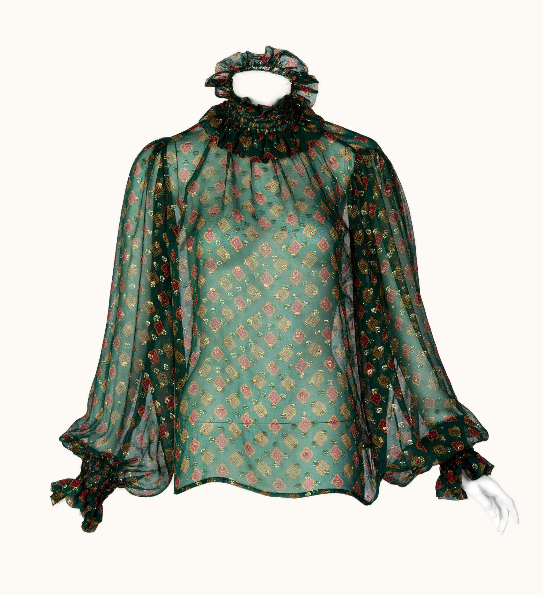 Saint Laurent Saint Laurent Green Gold Print Silk Peasant Blouse YSL, 1970s